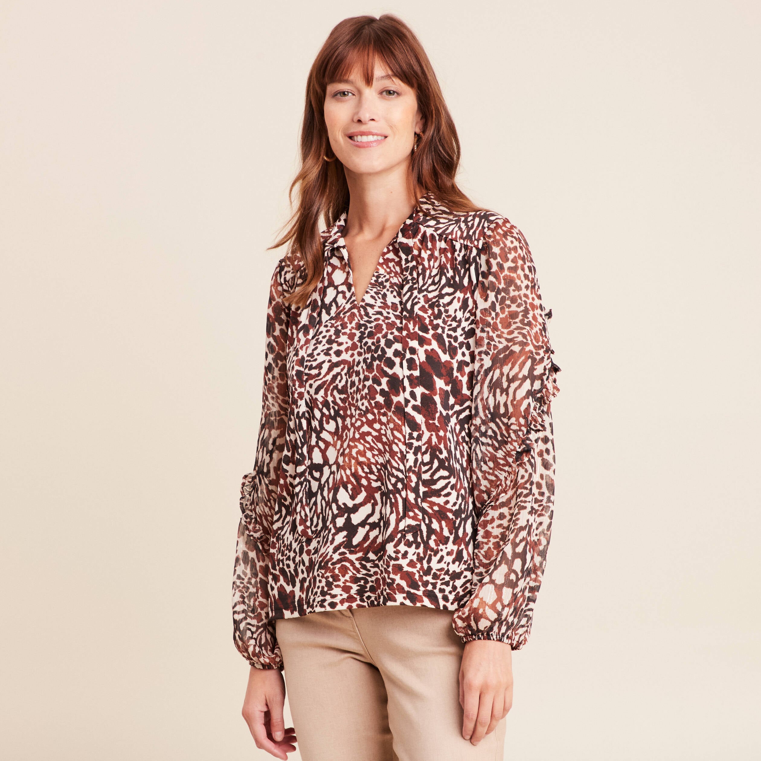 T-shirt manches longues col nou&eacute; marron femme