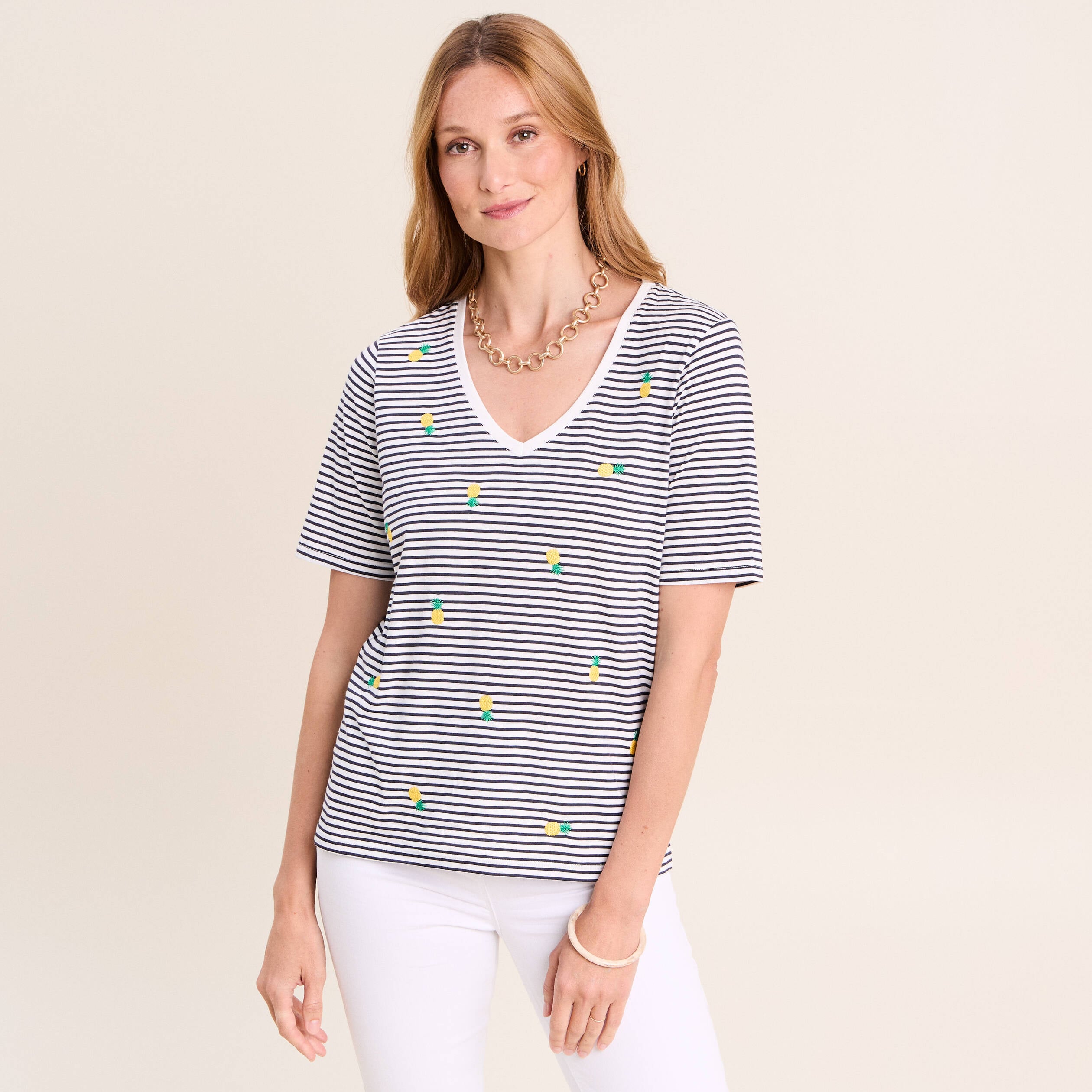 T-shirt droit broderie manches courtes bleu femme