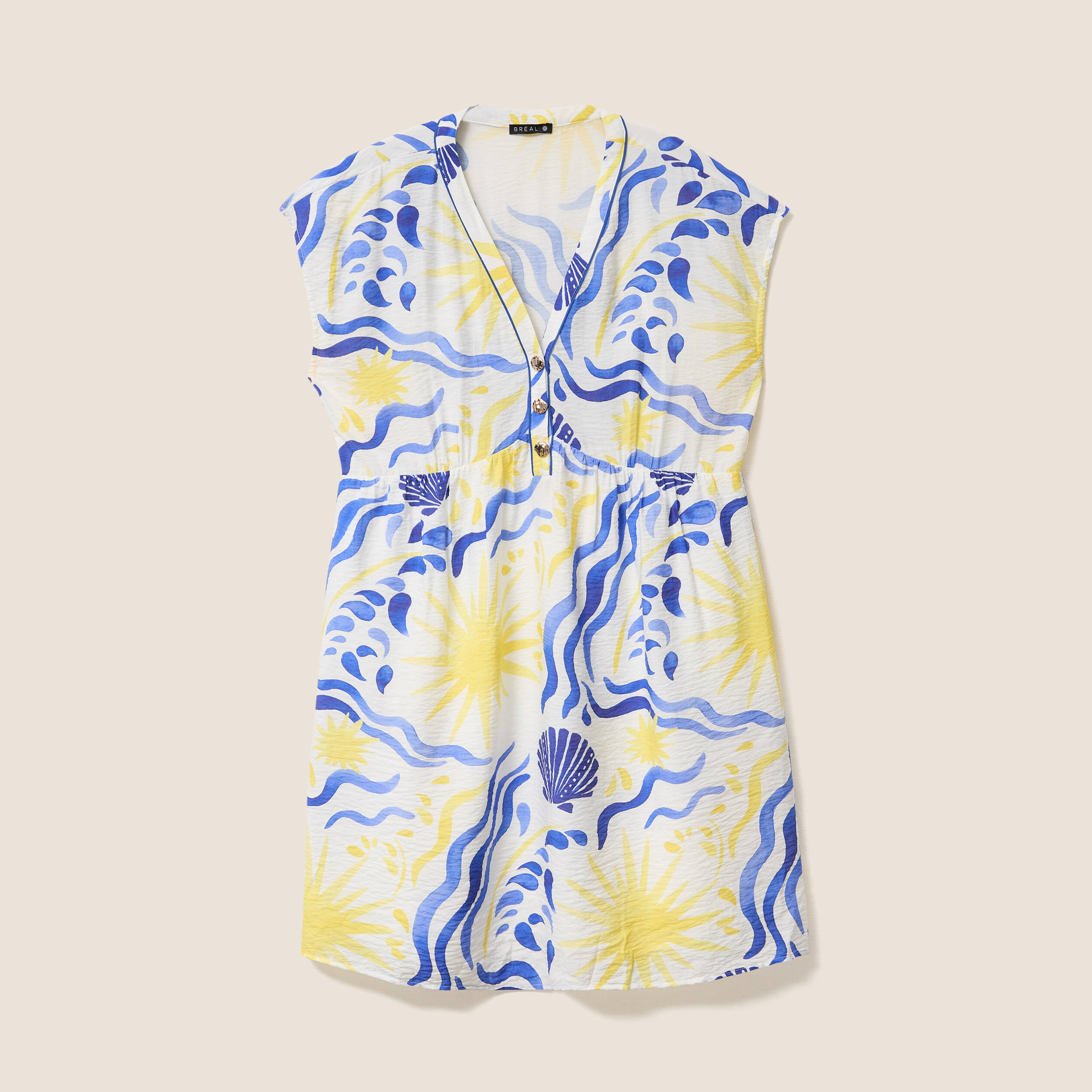 Robe courte &eacute;vas&eacute;e col v manches courtes bleu femme
