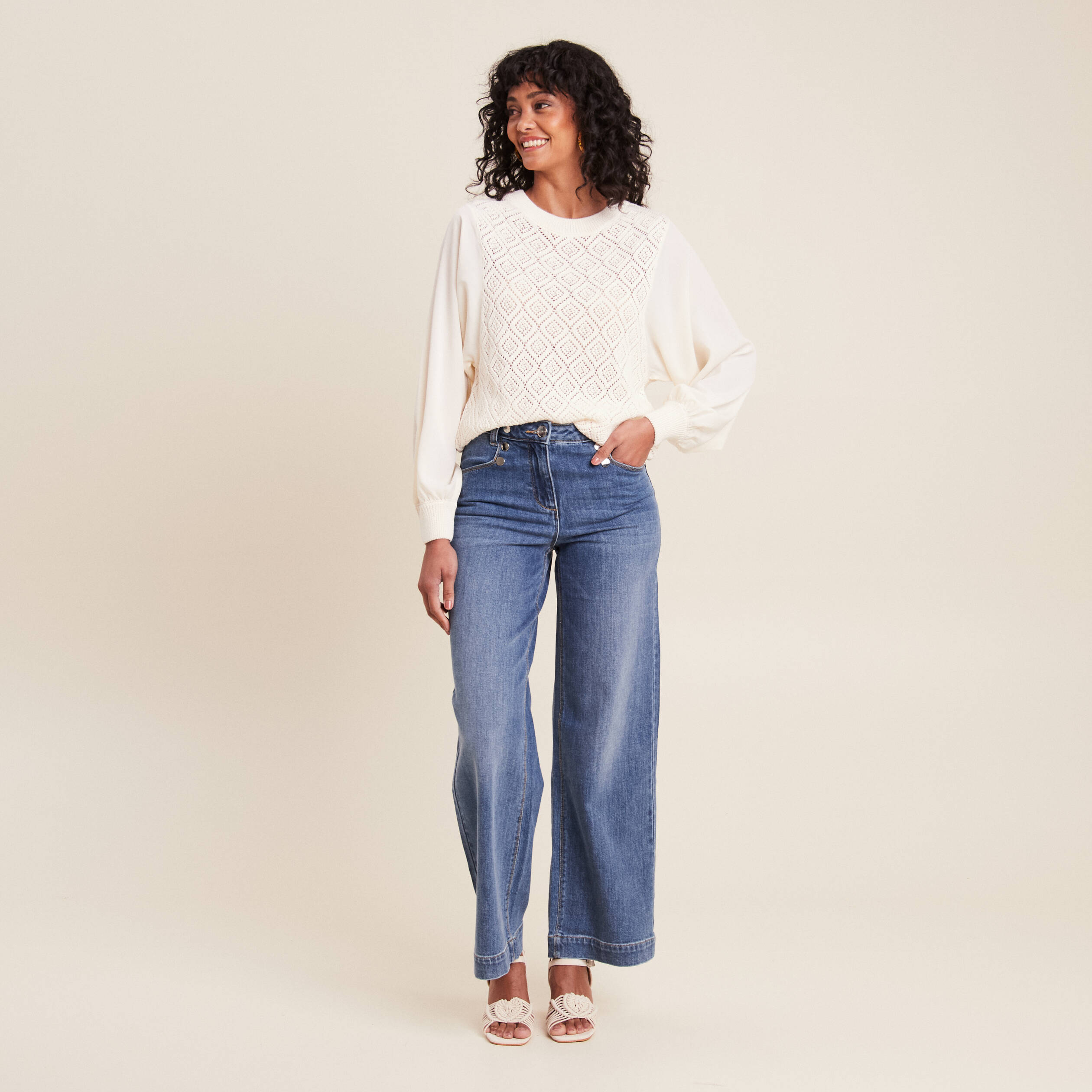 jean large a pont denim stone femme Jean large à pont denim stone femme