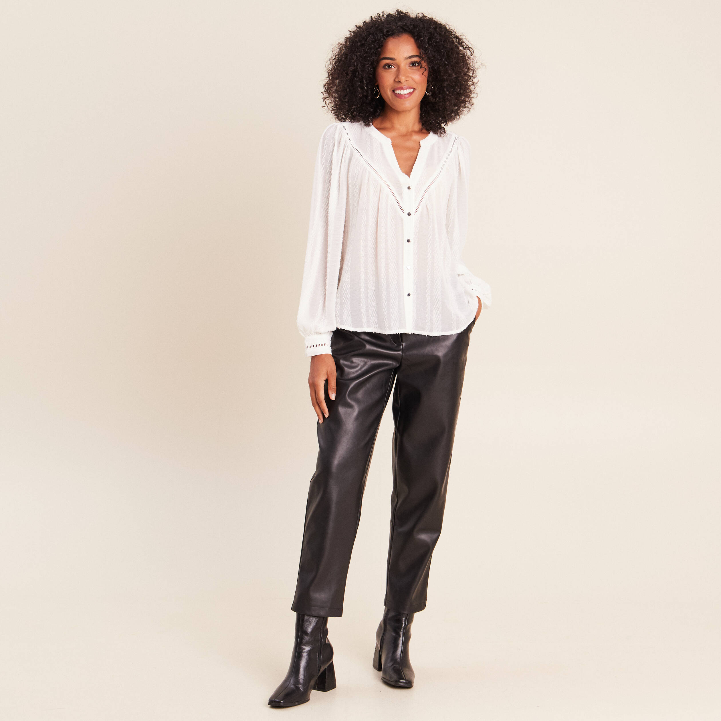 Blouse ample col chemise manches longues ivoire femme