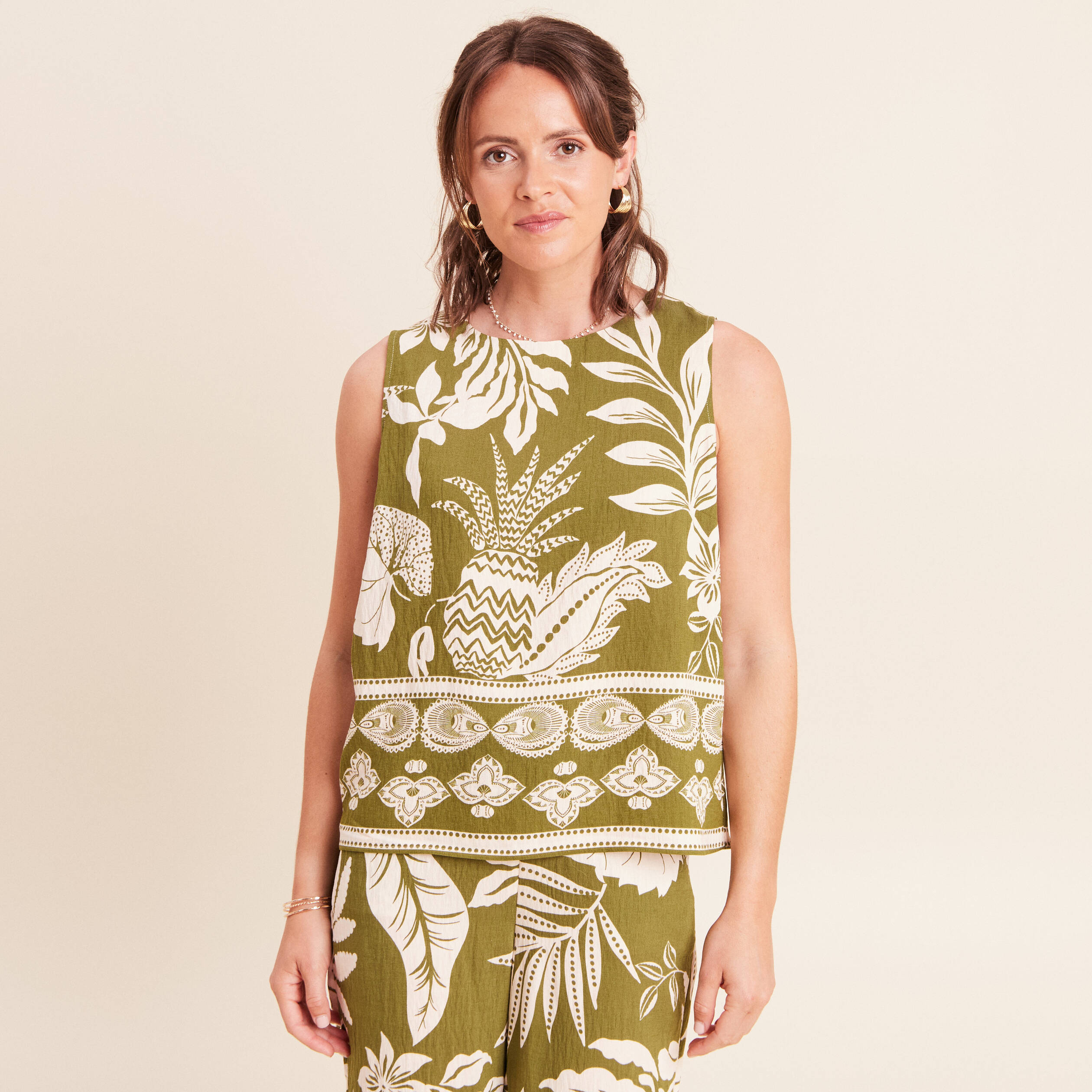 Blouse droite courte sans manches vert kaki femme