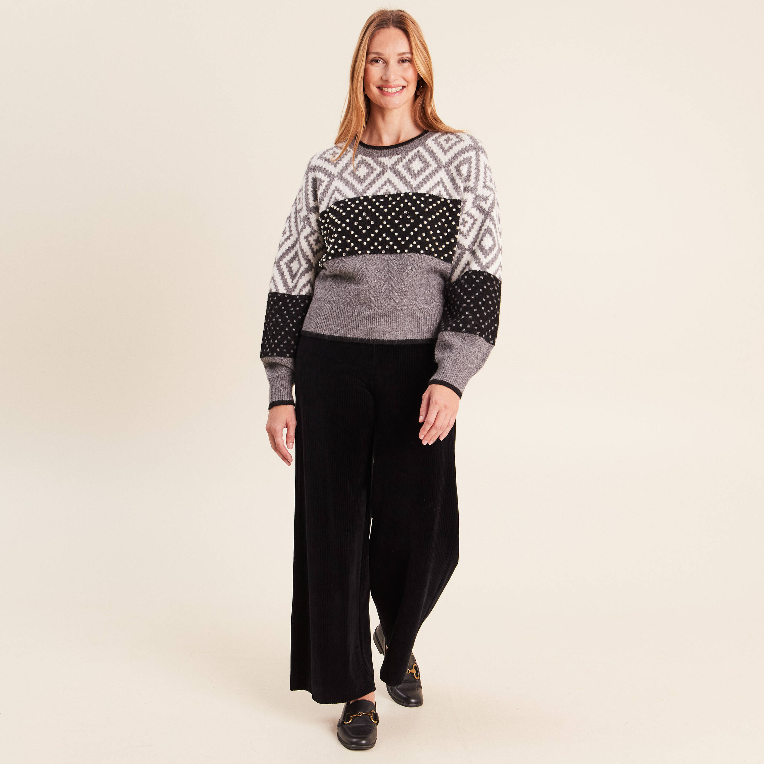 Pull jacquard col rond gris femme