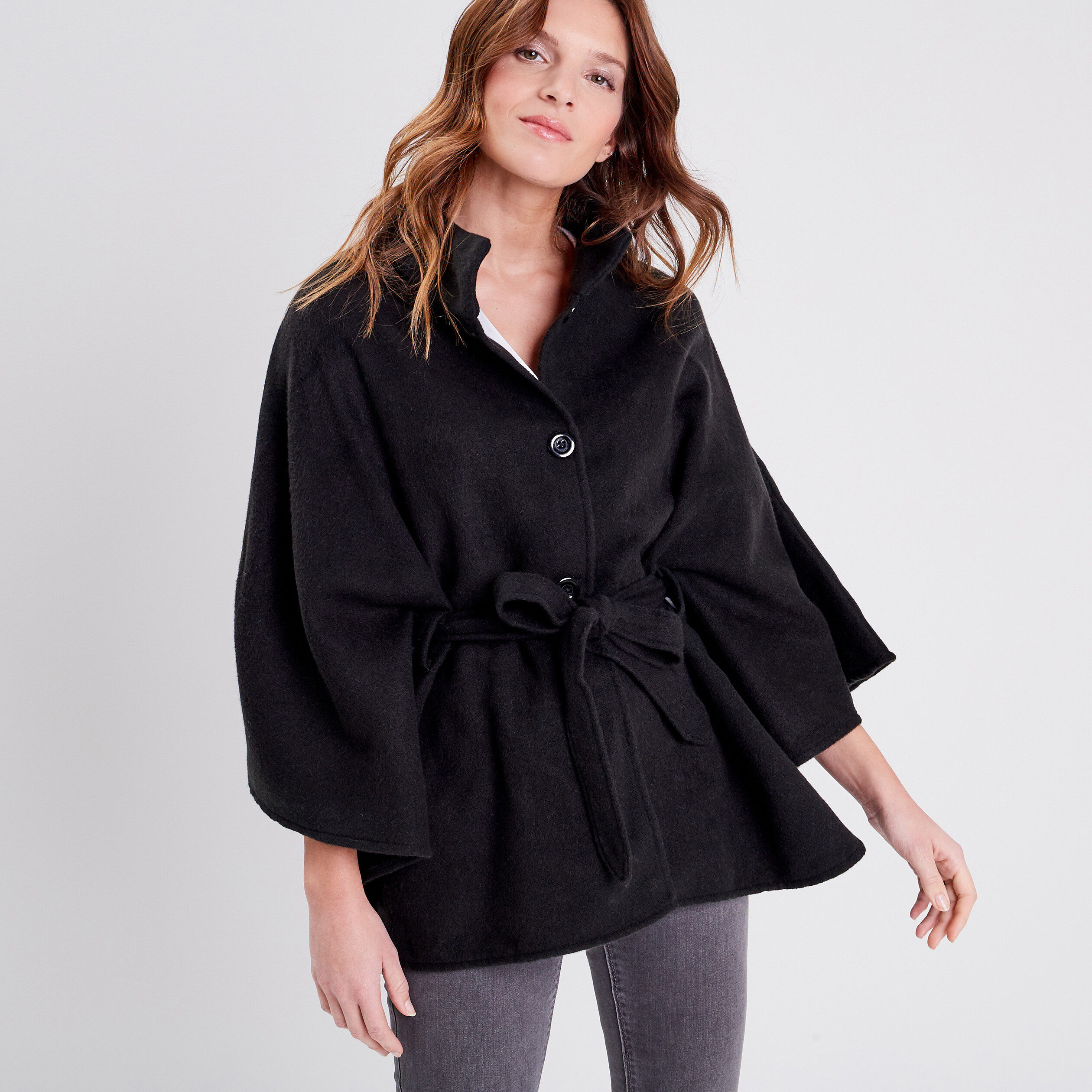 Poncho boutonn ceintur noir femme Vibs