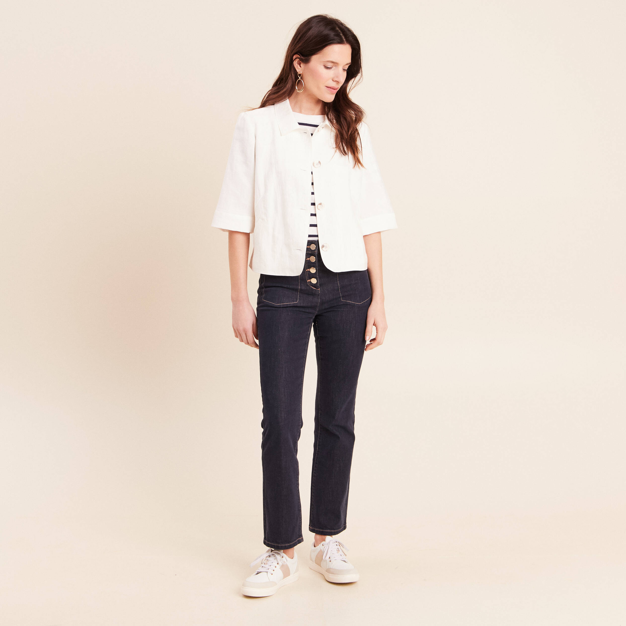 Veste droite courte manches 3/4 ecru femme