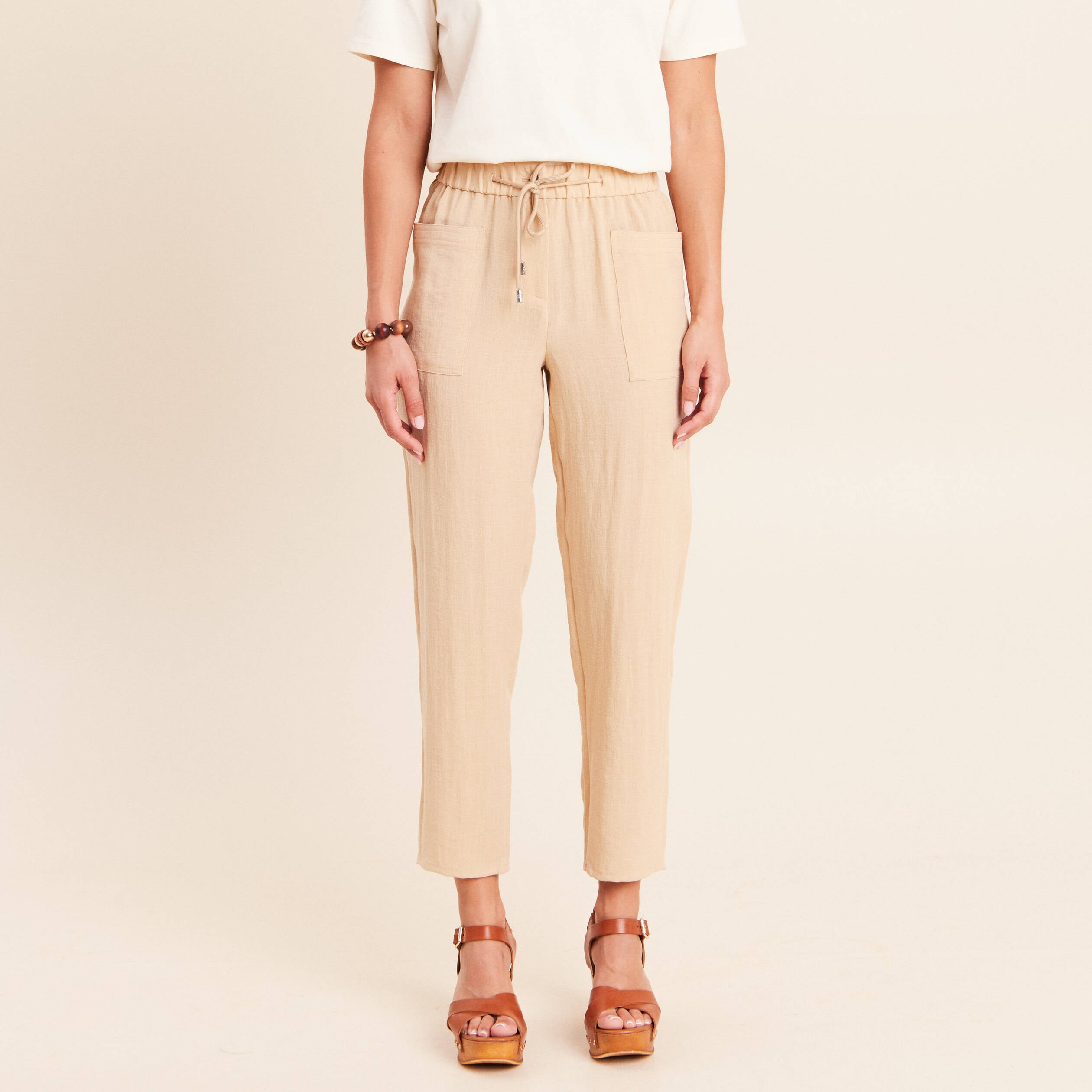 Pantalon mom 7/8&egrave;me en coton beige femme