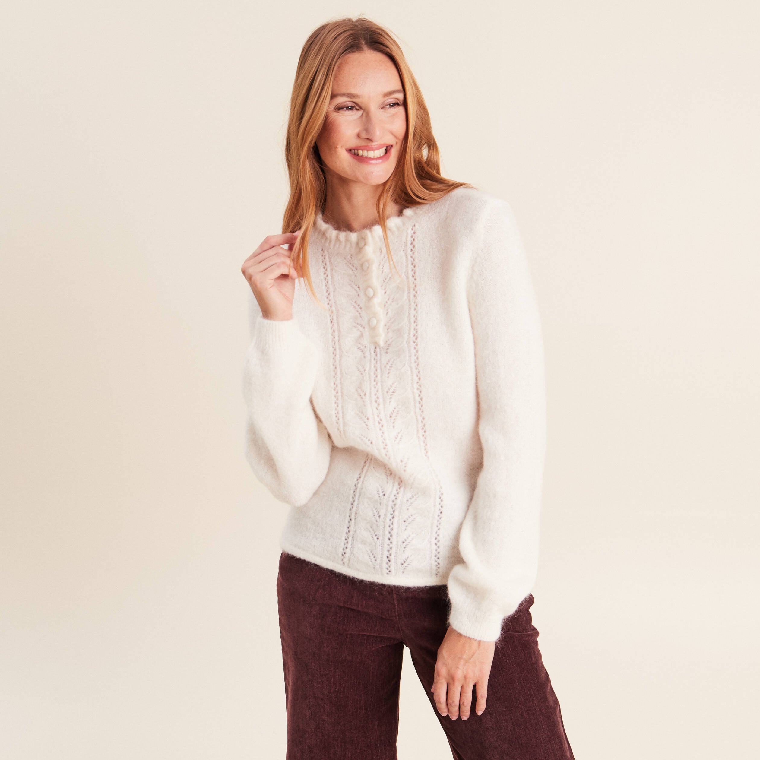 Pull col tunisien ecru femme