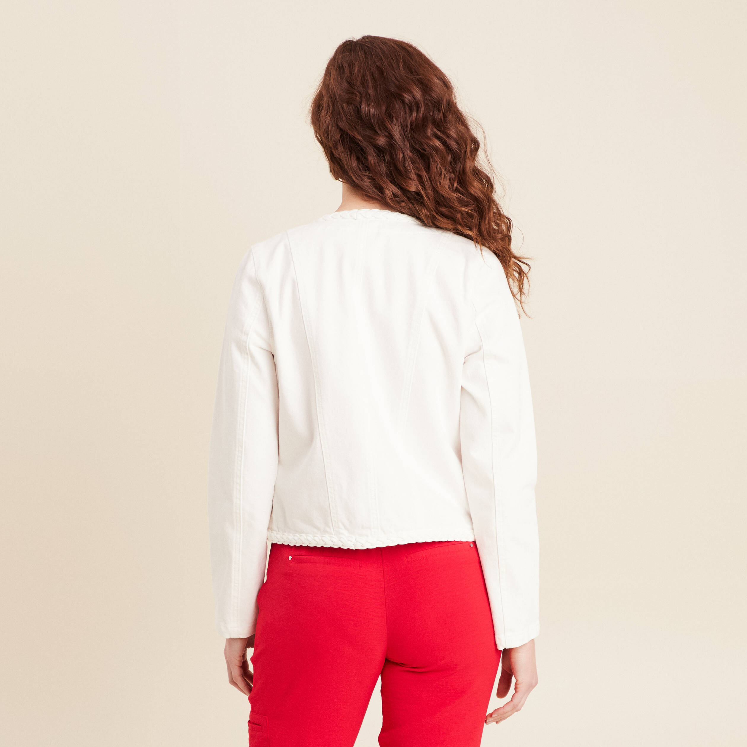 veste en jean details tresses blanc femme Veste en jean détails tressés blanc femme