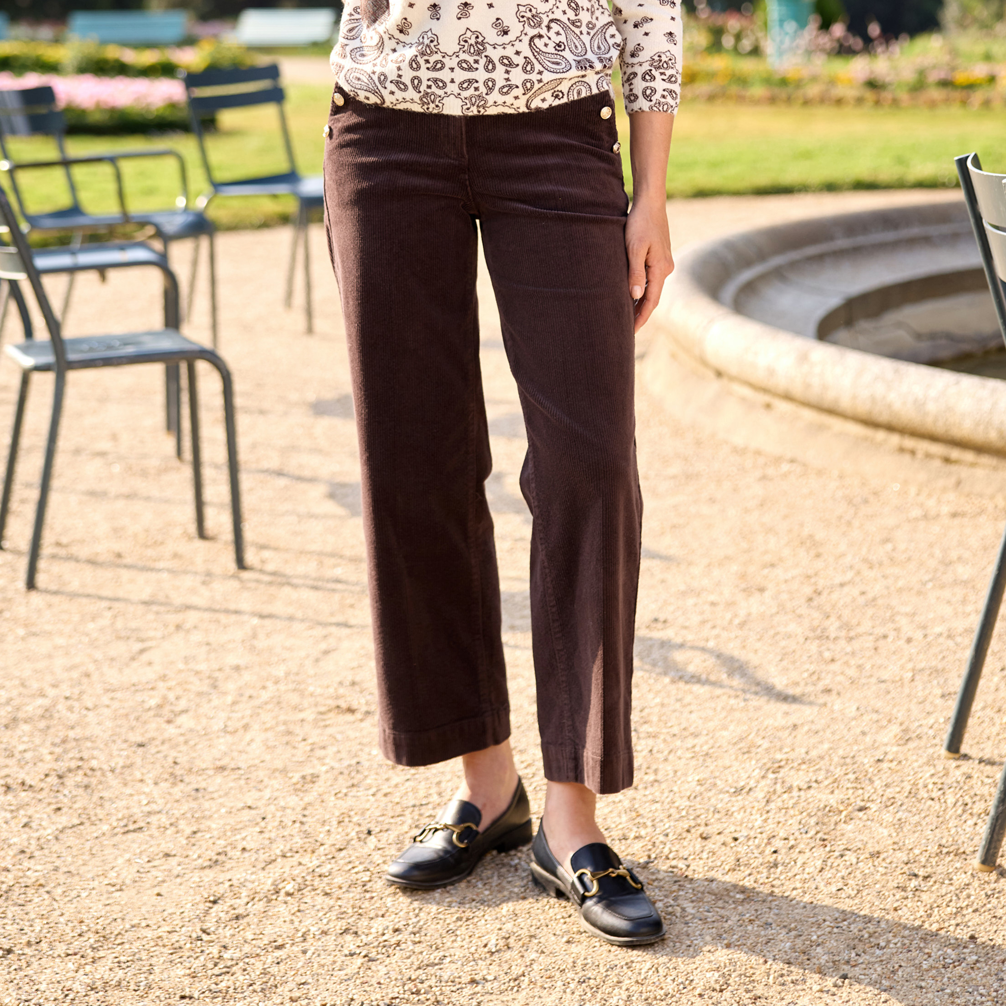 Pantalon large velours c&ocirc;tel&eacute; marron fonc&eacute; femme
