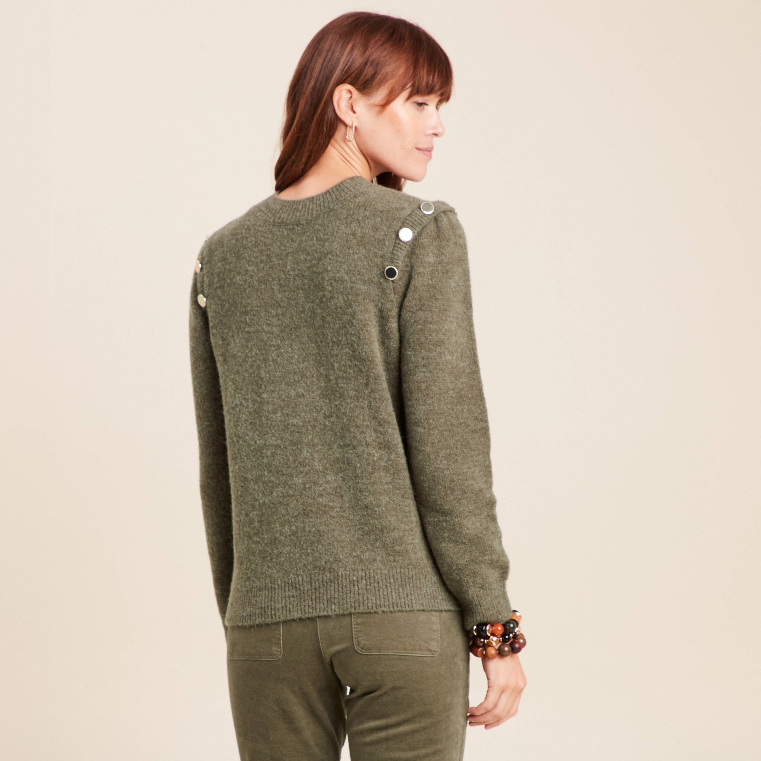 Pull col rond manches longues vert kaki femme
