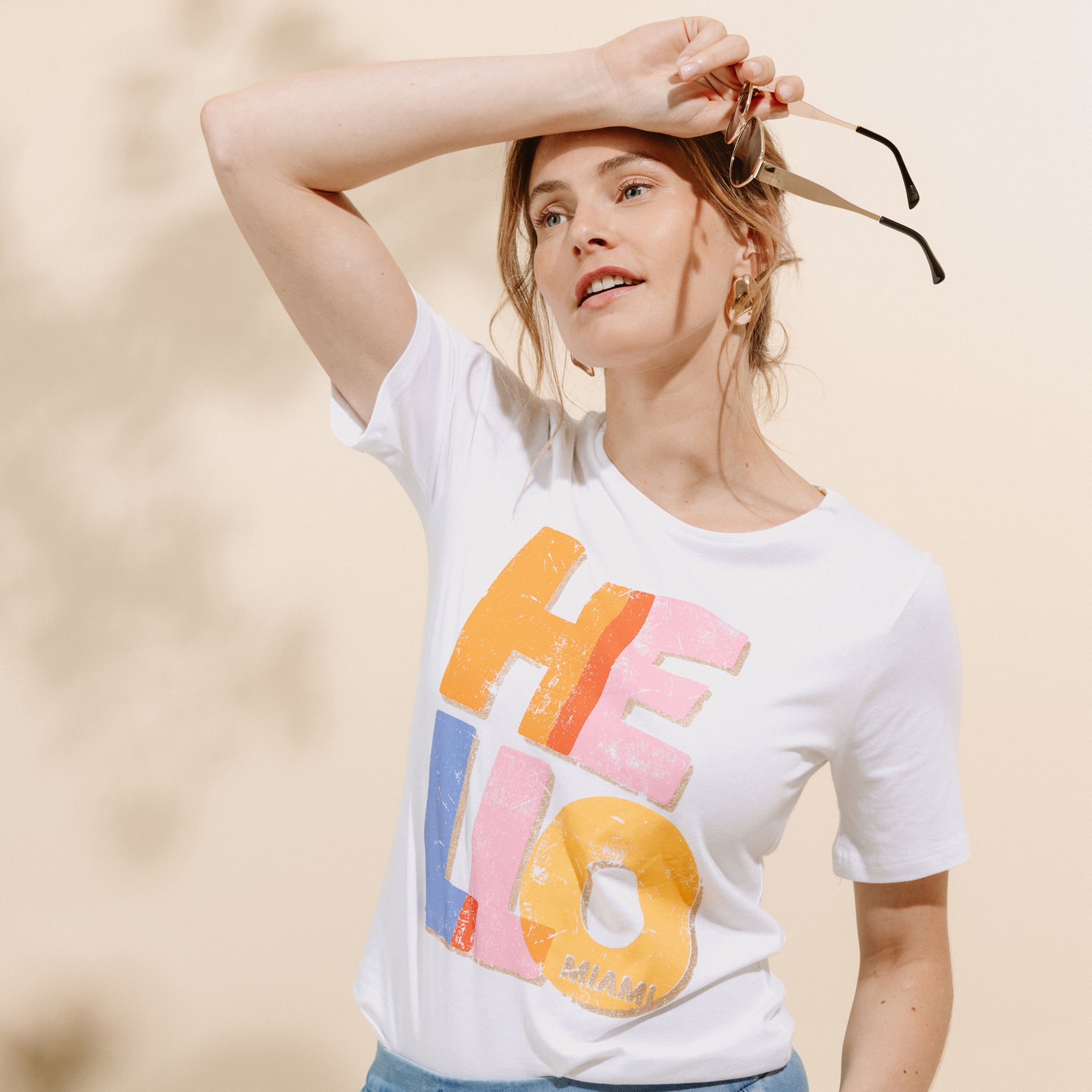 T-shirt col rond manches courtes blanc femme