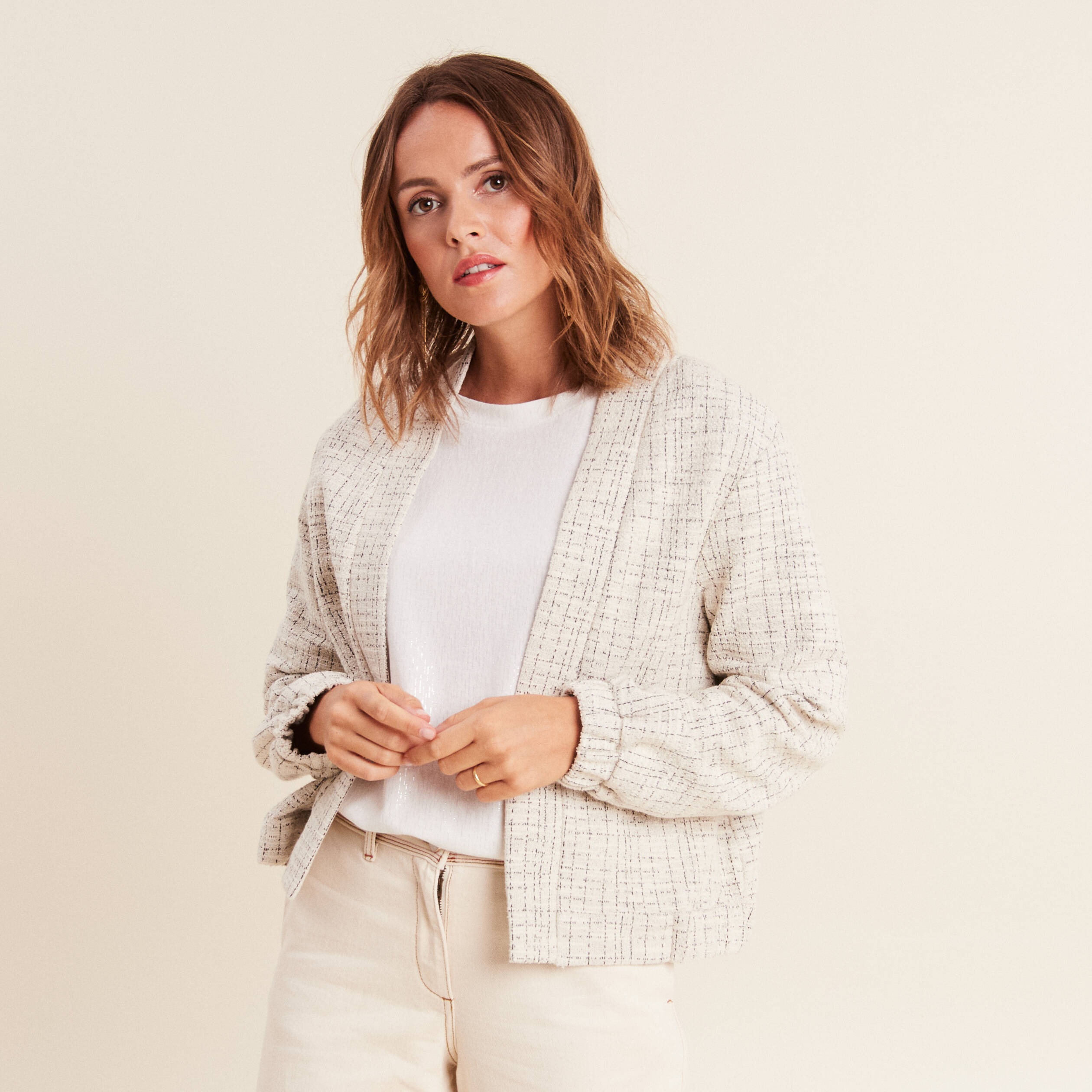 veste droite col chale blanc femme Veste droite col châle blanc femme