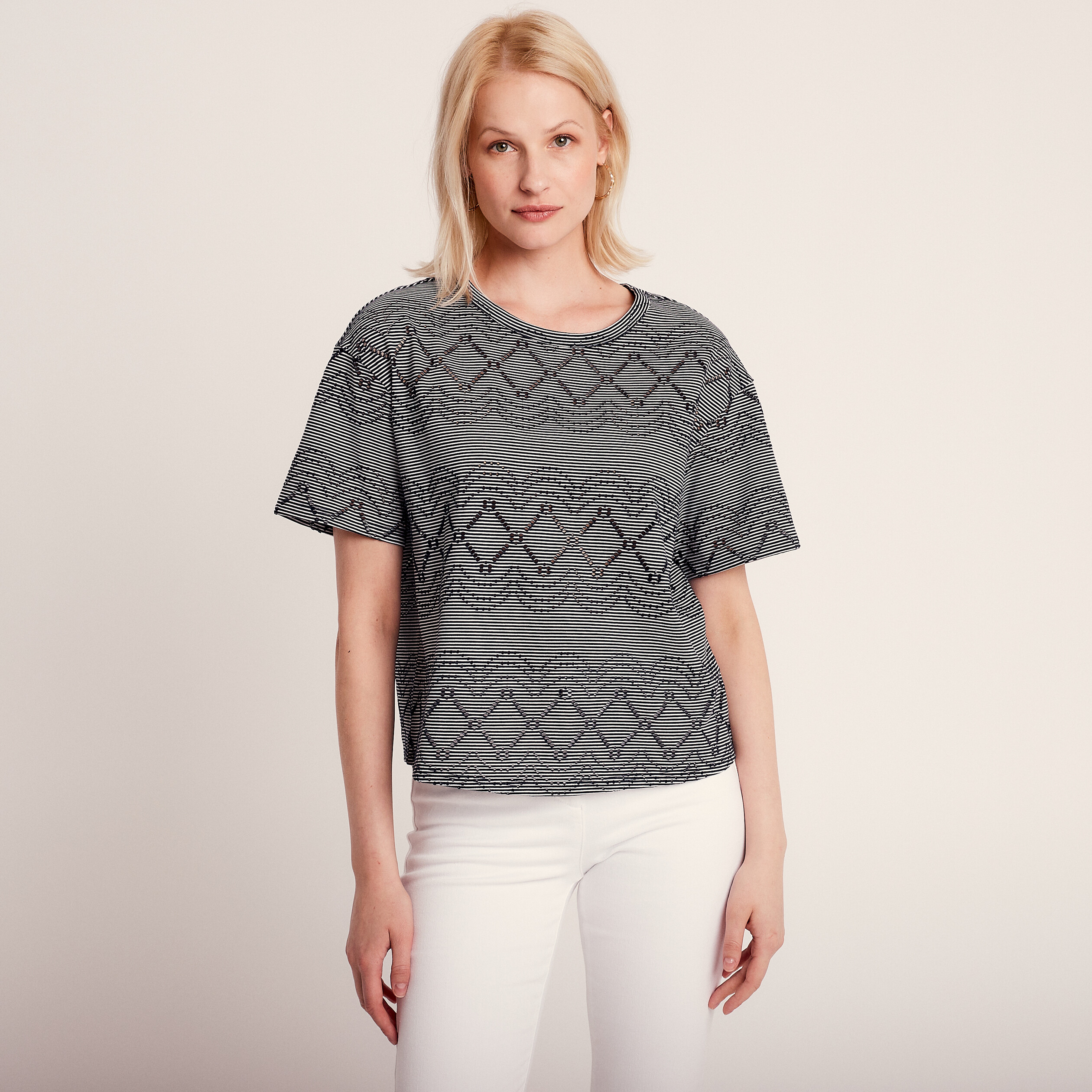 T-shirt manches courtes ajouré bleu marine femme