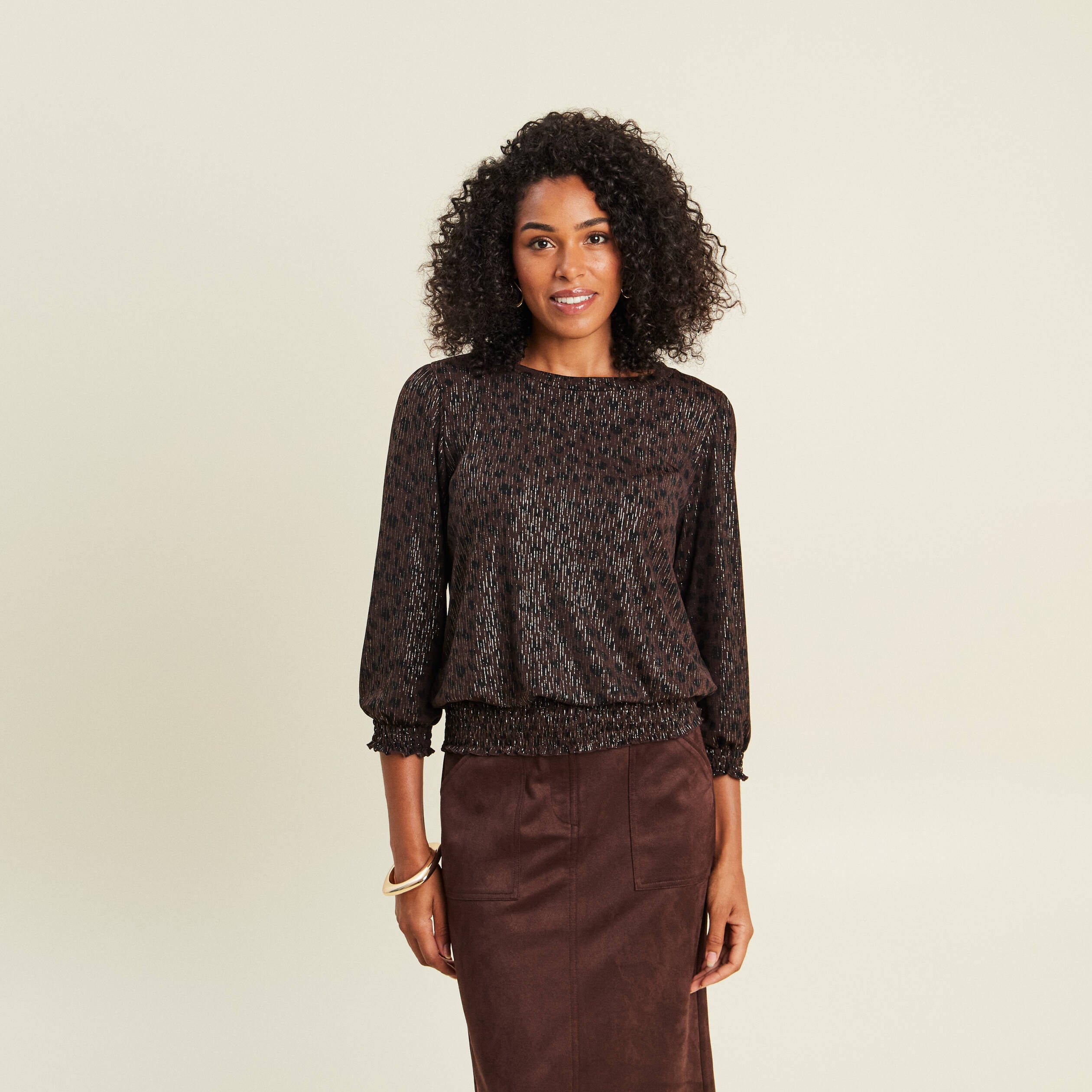 T-shirt col rond manches 3/4 marron fonc&eacute; femme