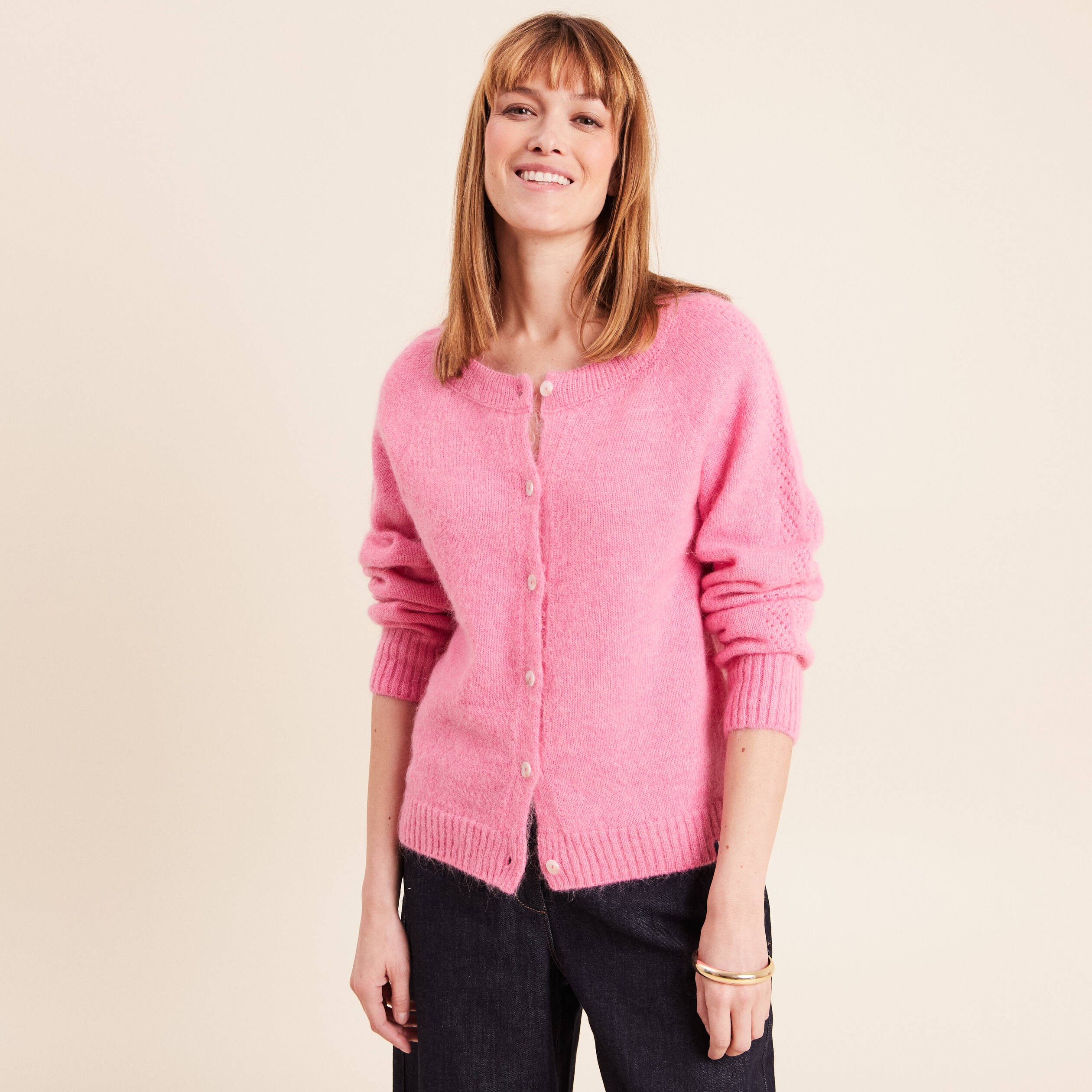 Gilet manches longues col rond rose fushia femme