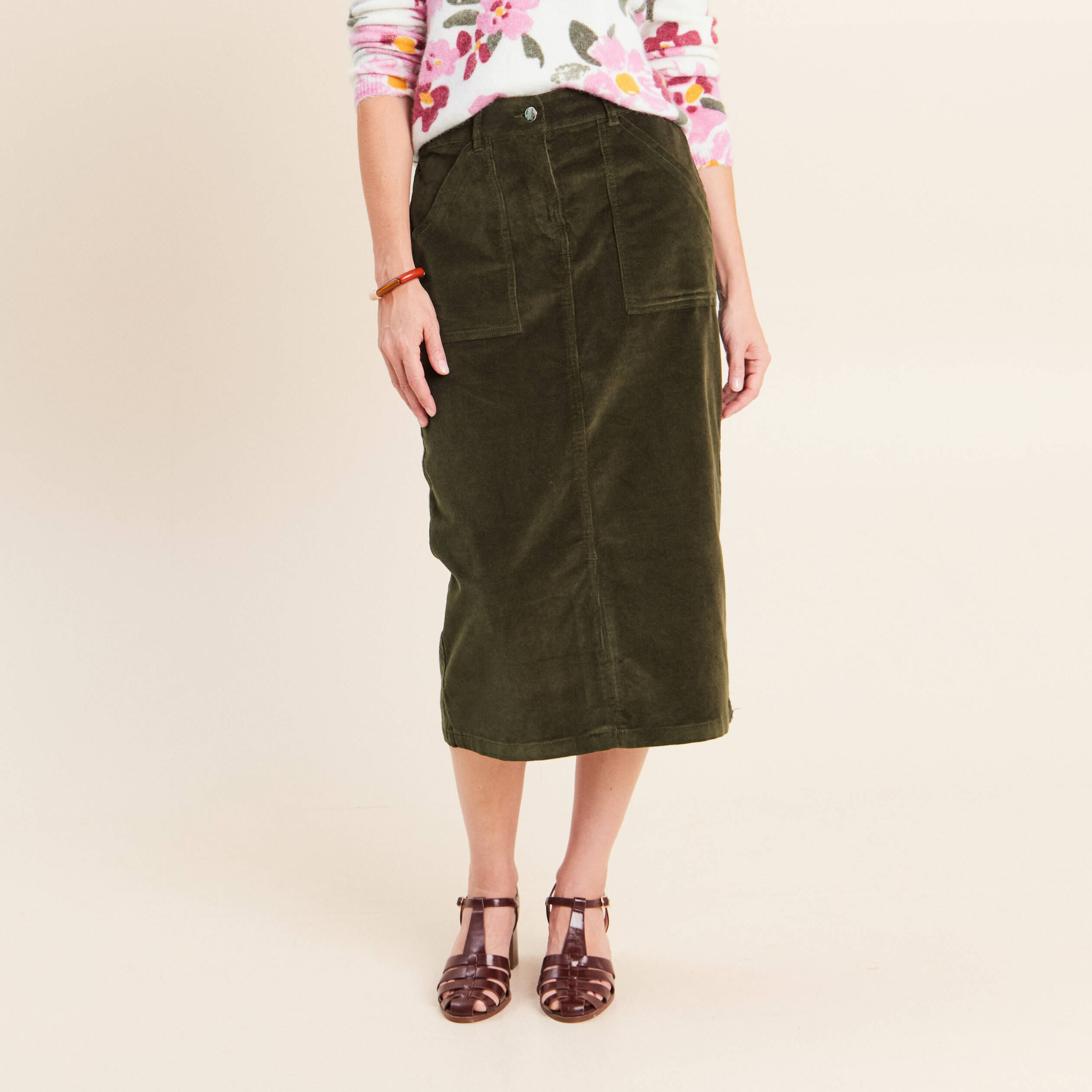Jupe en velours vert kaki femme
