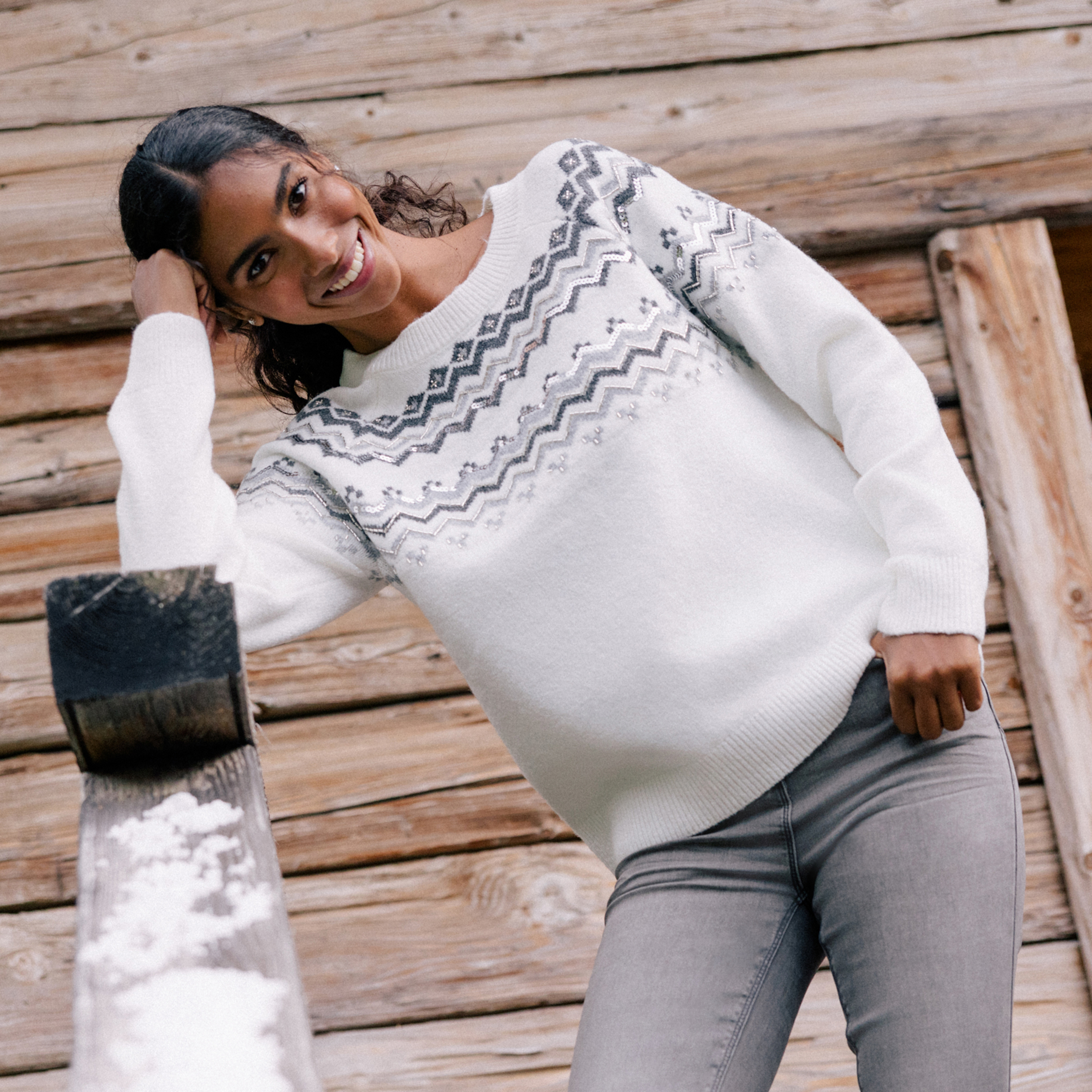 Pull col rond ecru femme