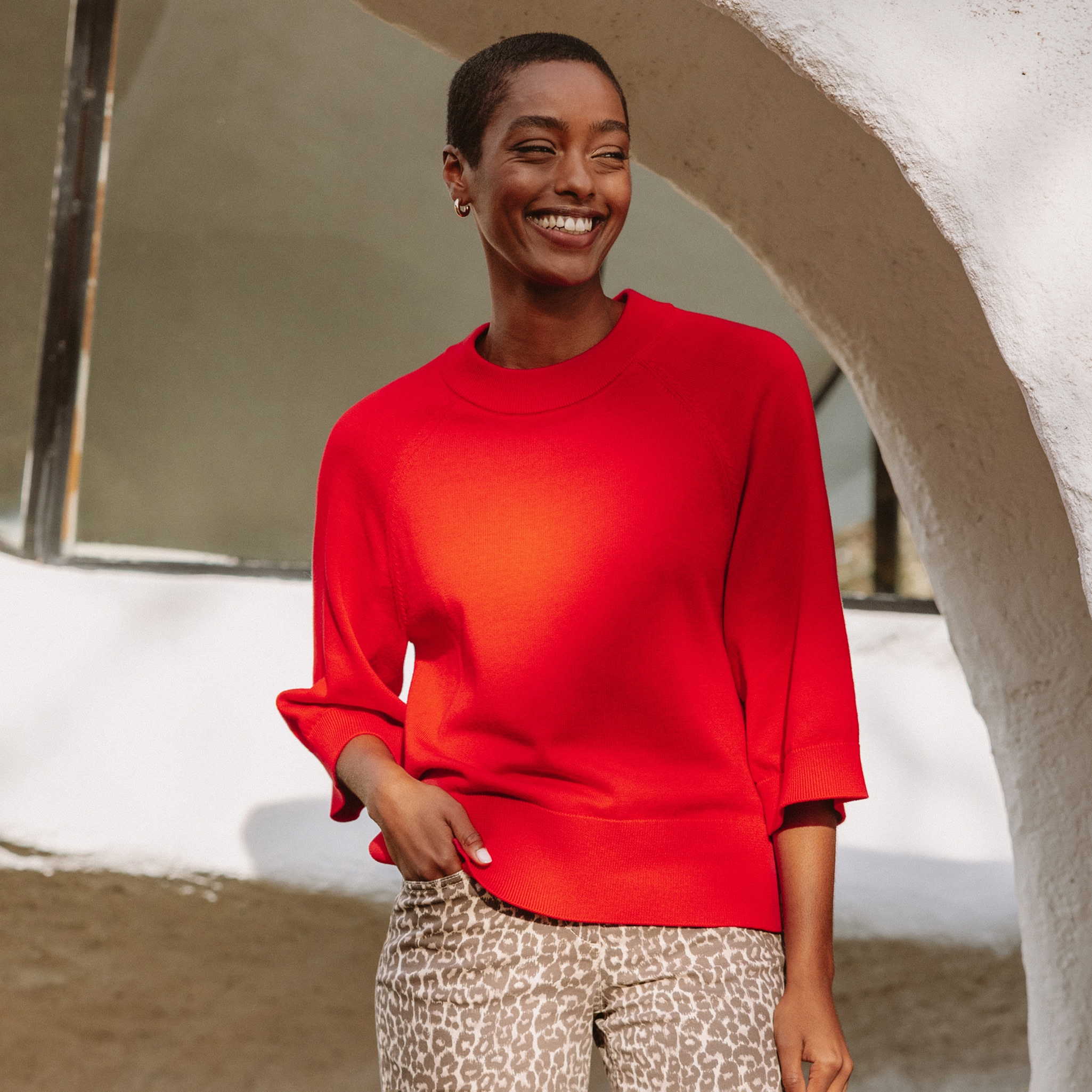 Pull fin col rond manches coudes rouge fluo femme