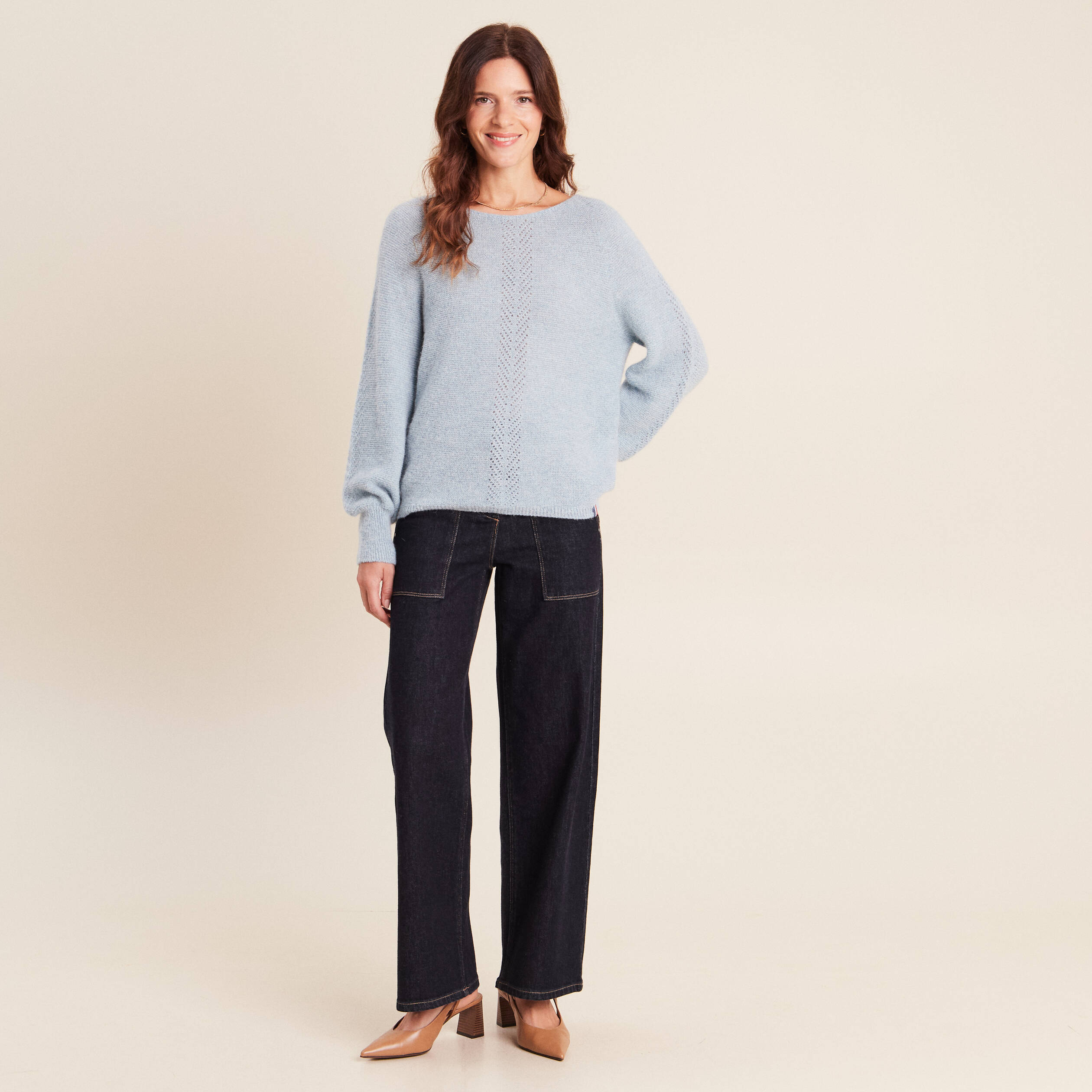 Pull droit col rond manches longues bleu canard femme