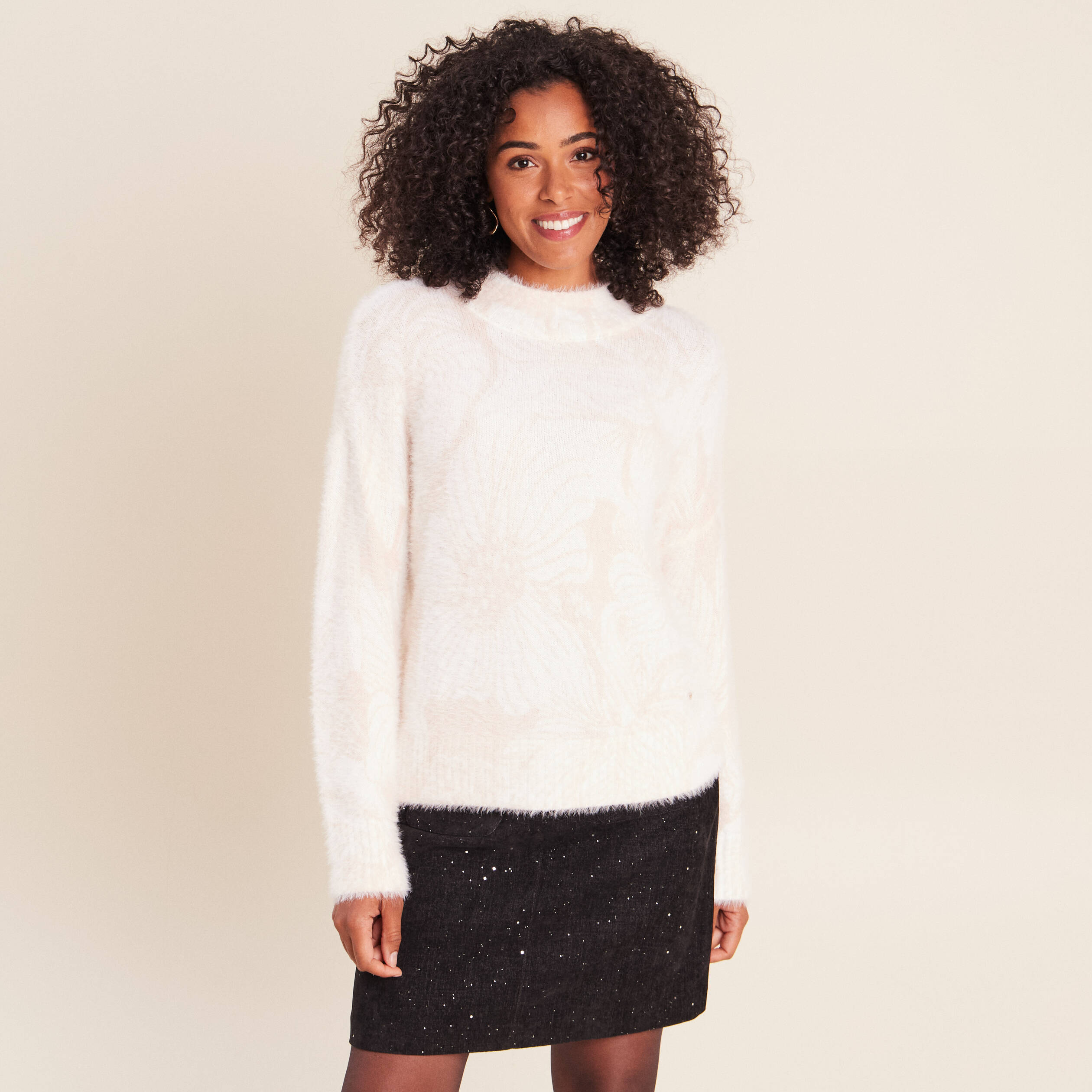 Pull col montant doux beige femme