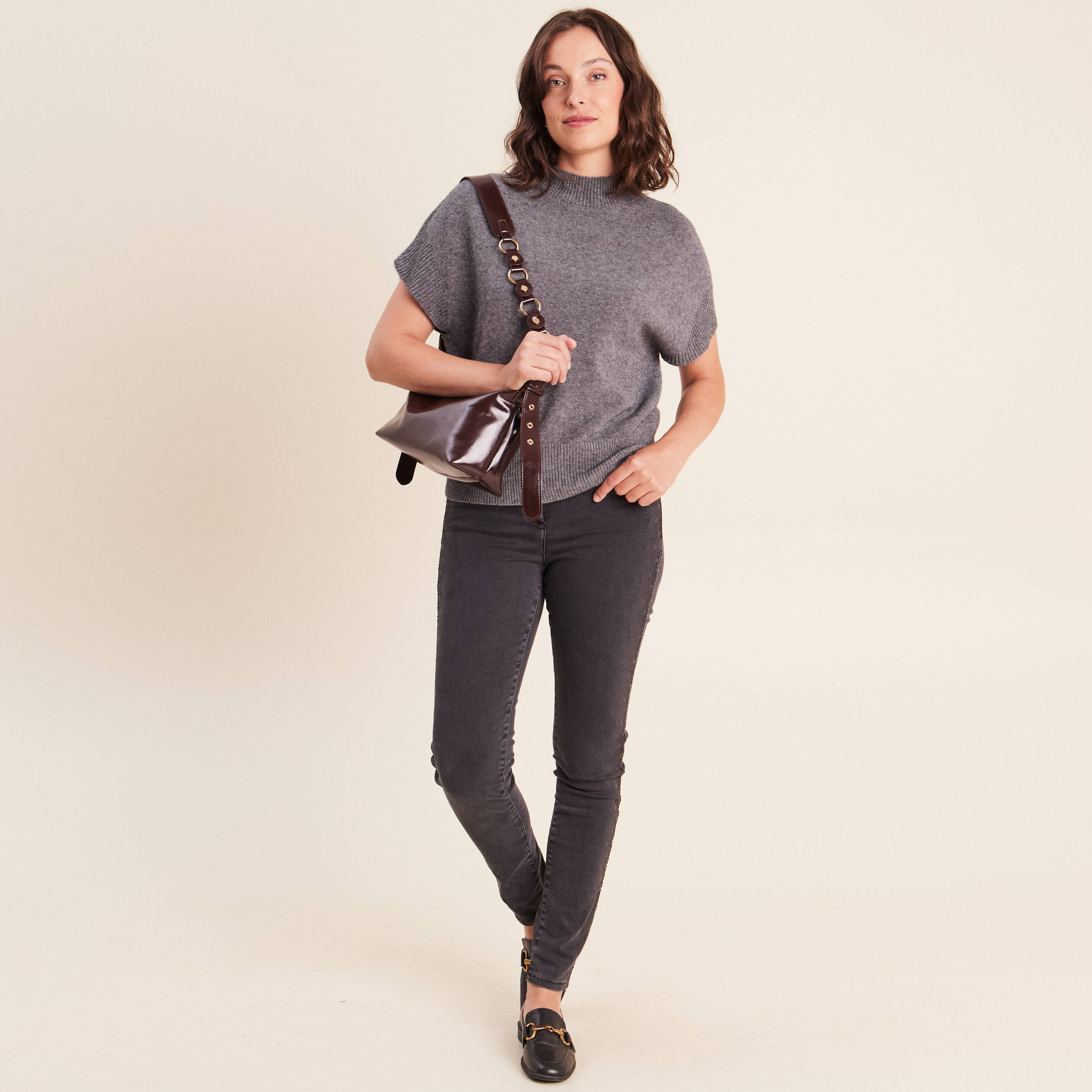 Pull col montant gris clair femme