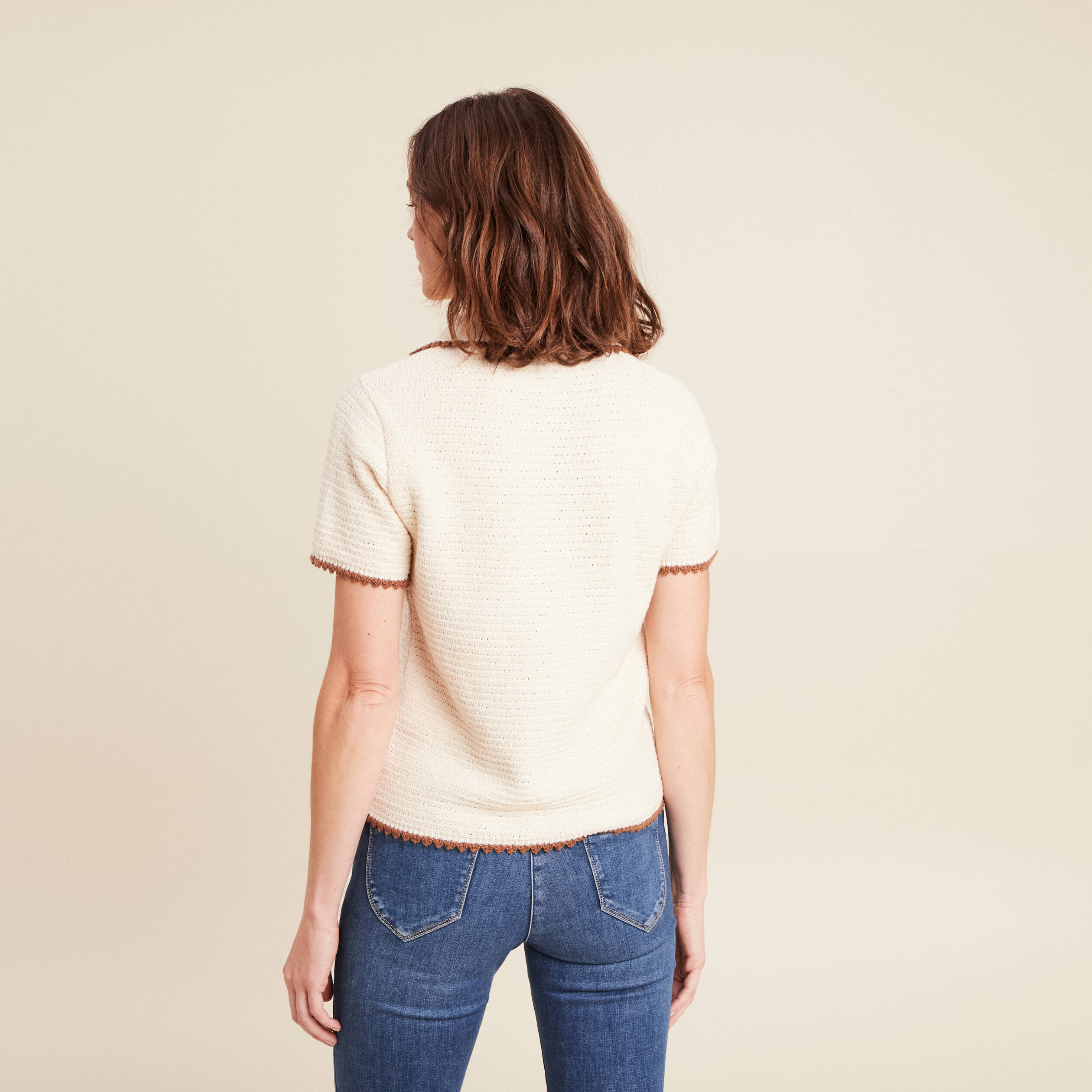 Pull col chemise manches courtes ecru femme