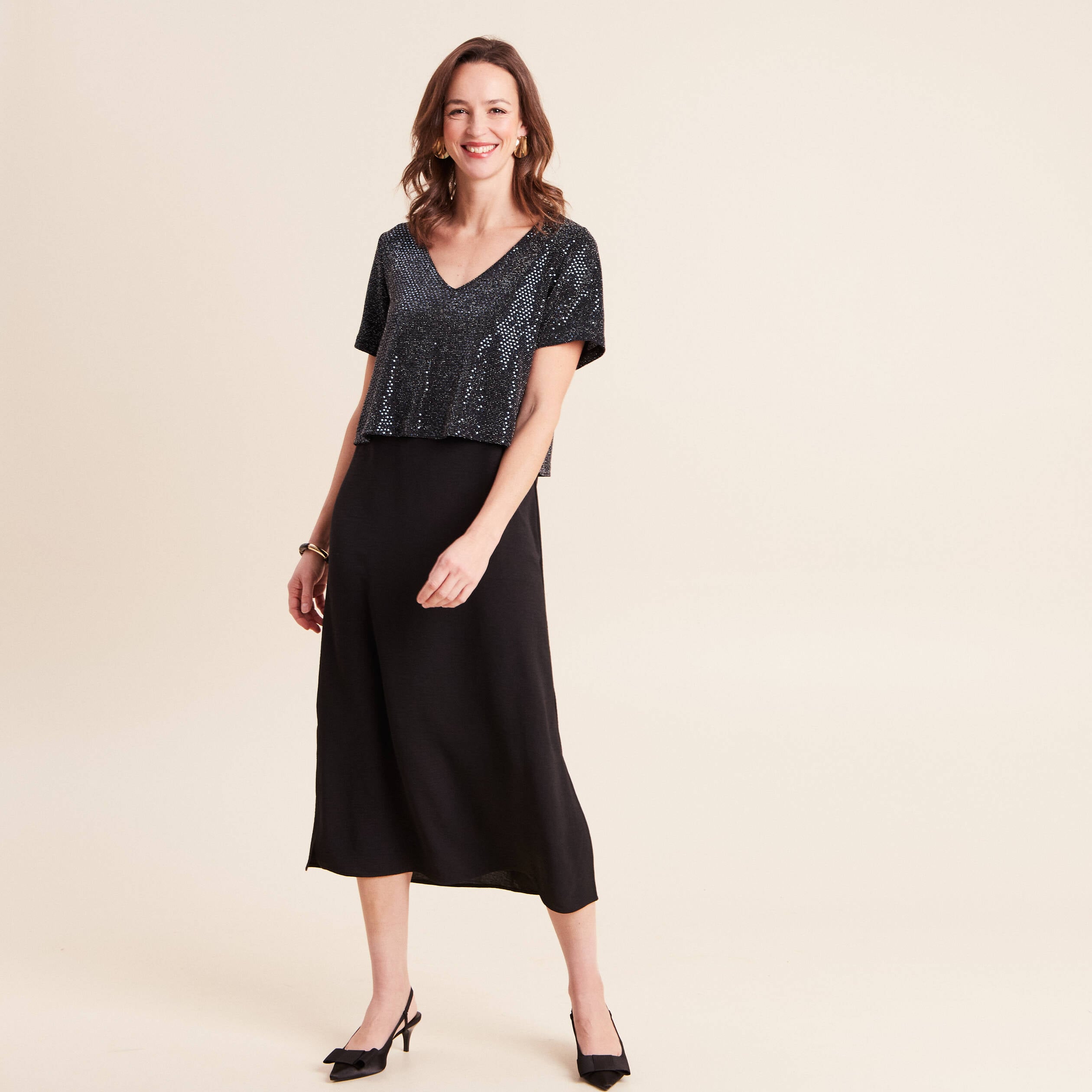 Robe longue &eacute;vas&eacute;e 2 en 1 col rond bleu marine femme