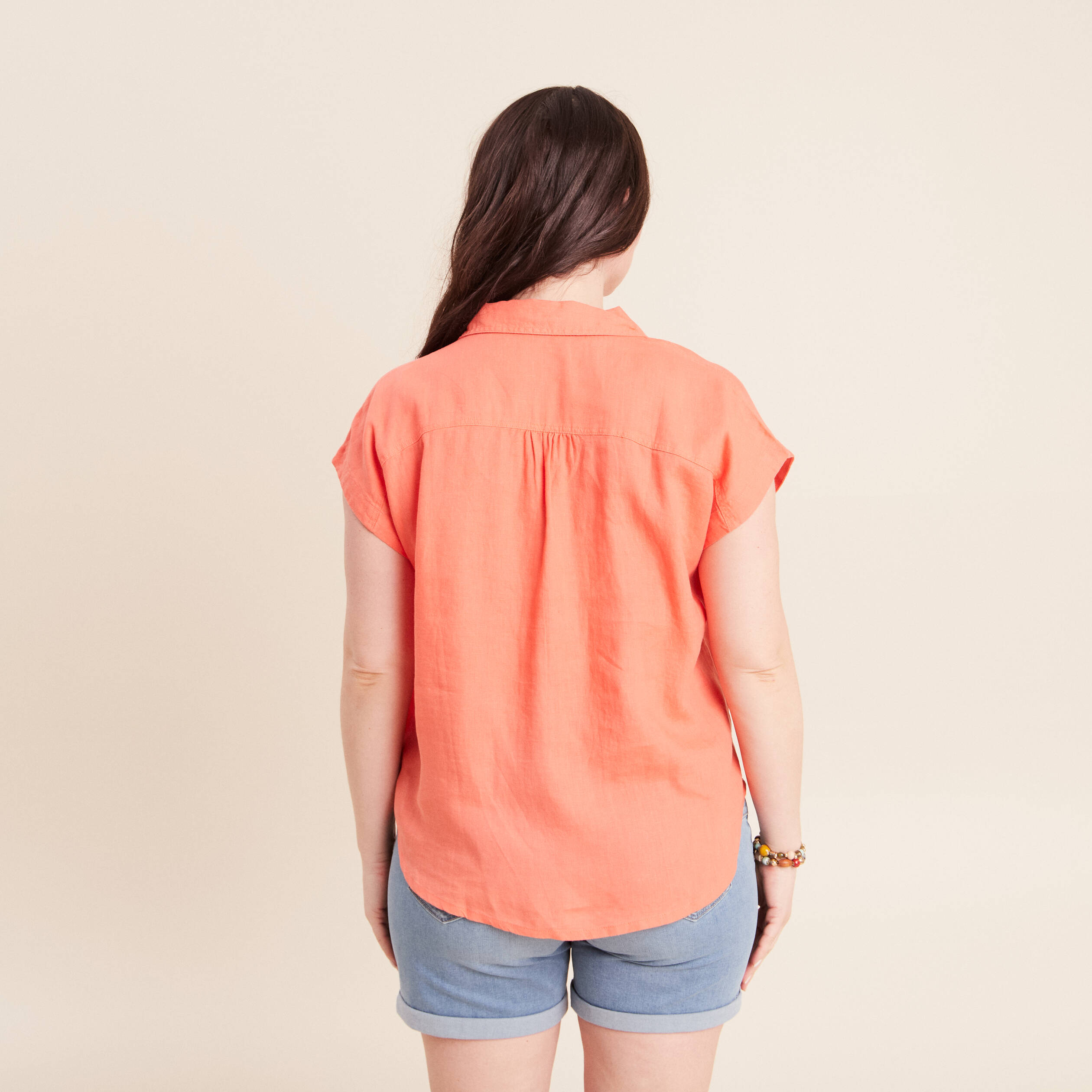 Chemise ample manches courtes aspect lin orange fluo femme