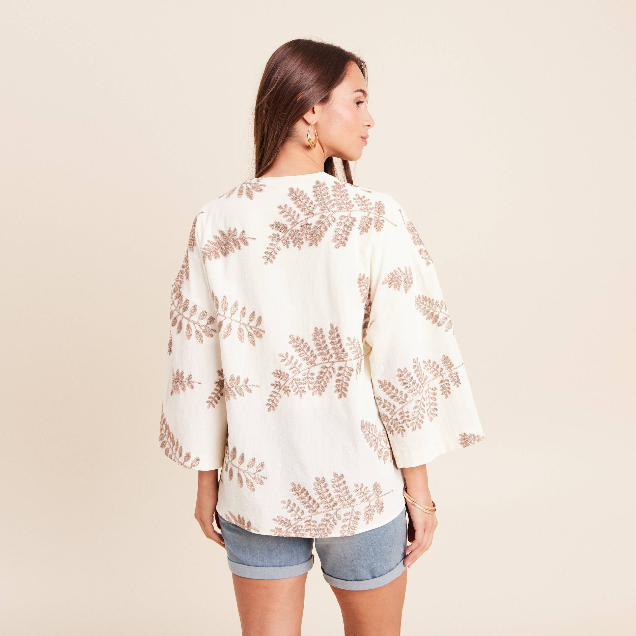 Kimono brod&eacute; manches 3/4 ecru femme