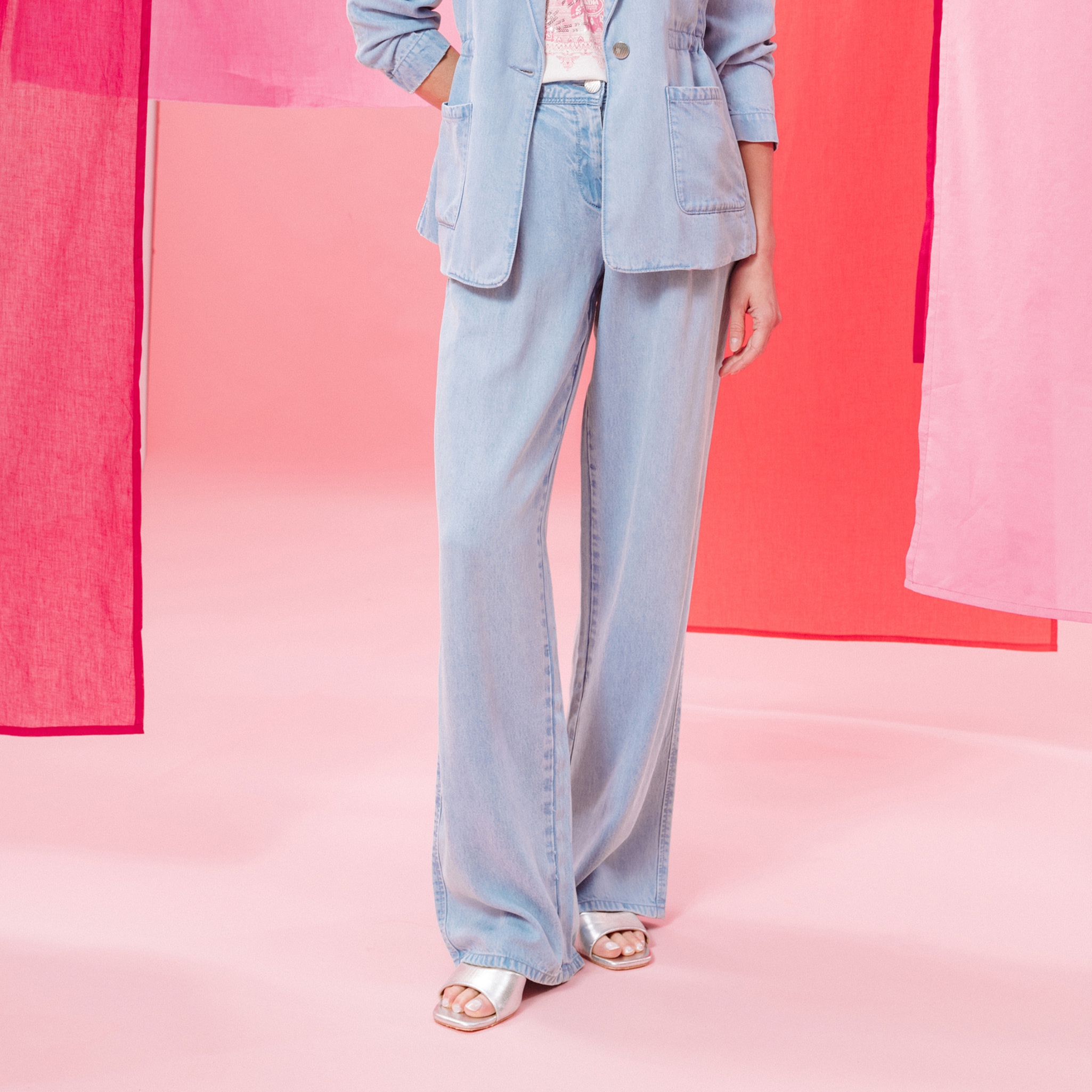 Pantalon large doubl&eacute; fluide denim bleach femme