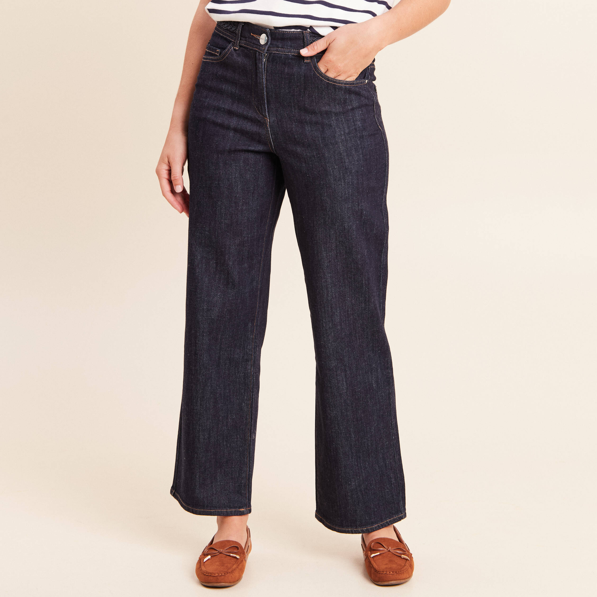 Jean coupe large 7/8&egrave;me taille haute denim brut femme