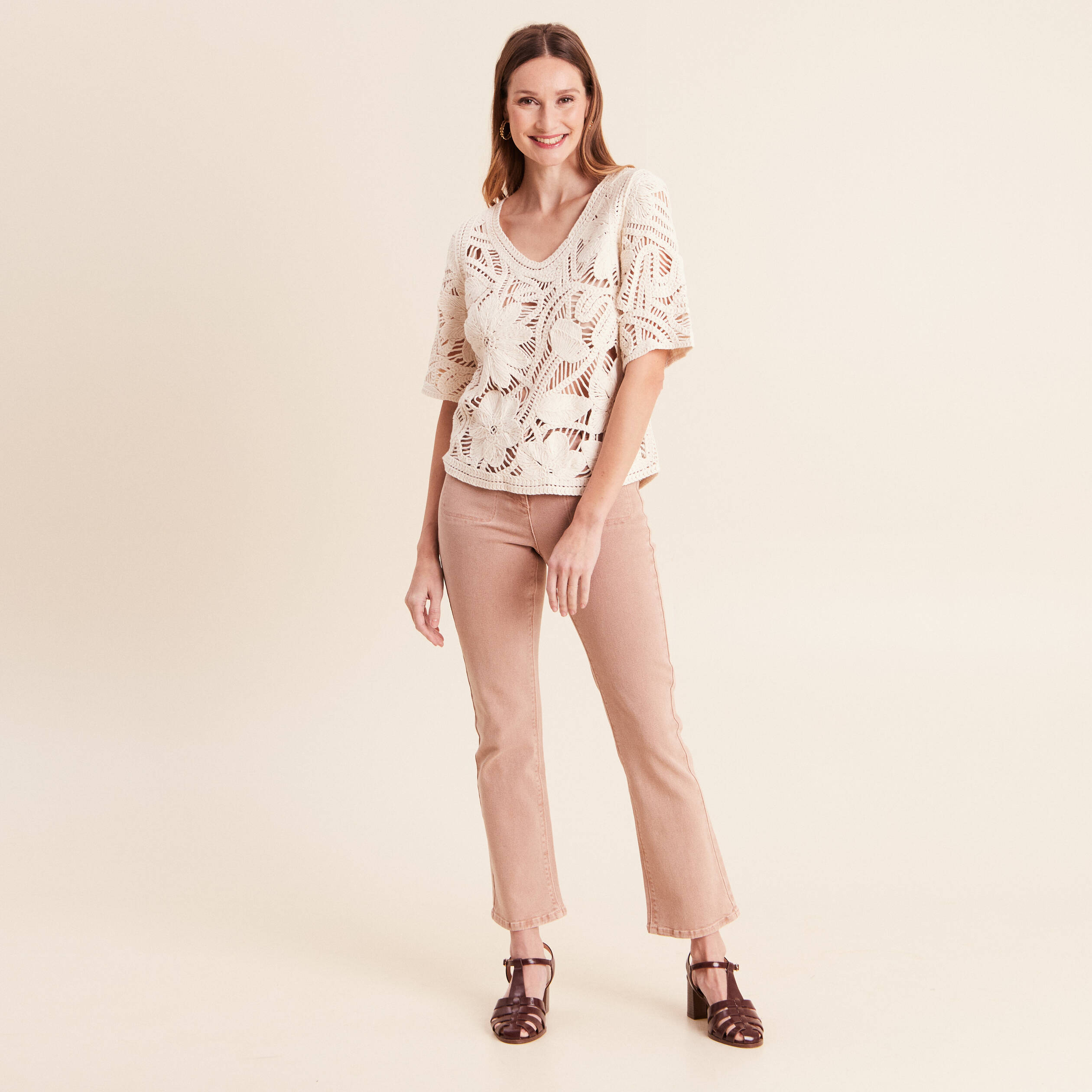 Jean bootcut taille haute marron clair femme