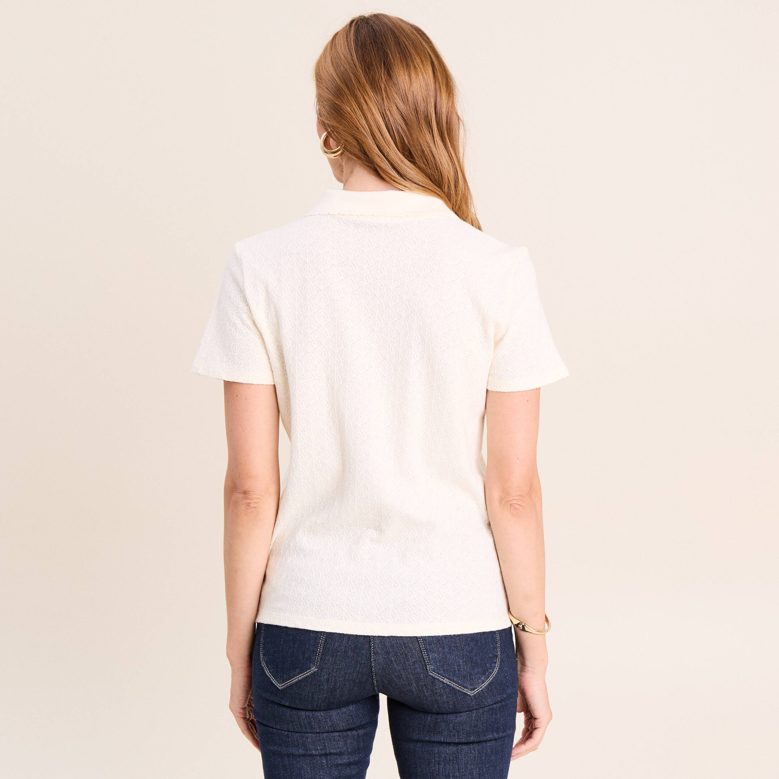 Polo jacquard manches courtes ecru femme