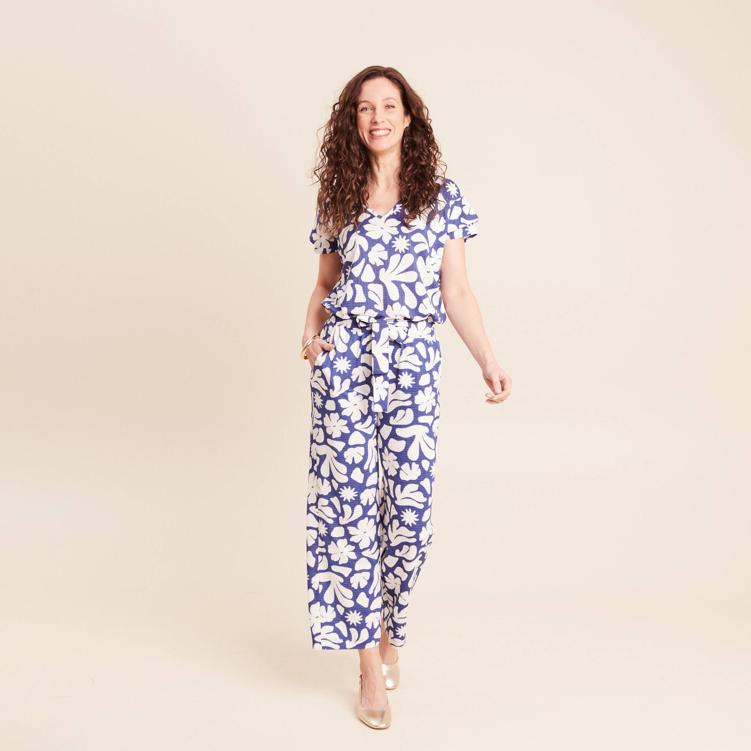 Pantalon coupe large 7/8&egrave;me taille haute bleu femme