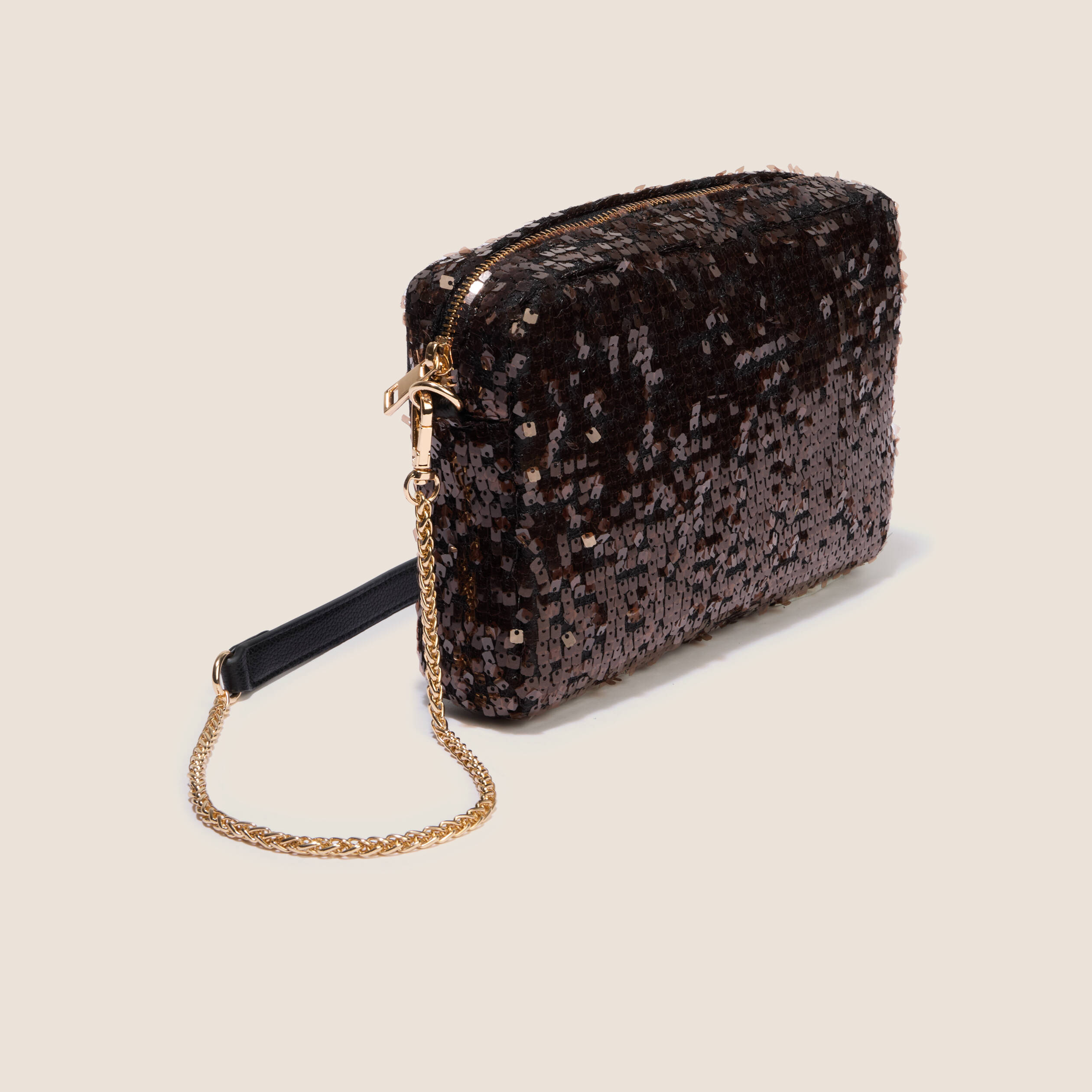 Sac en bandouli&egrave;re &agrave; sequins marron cognac femme