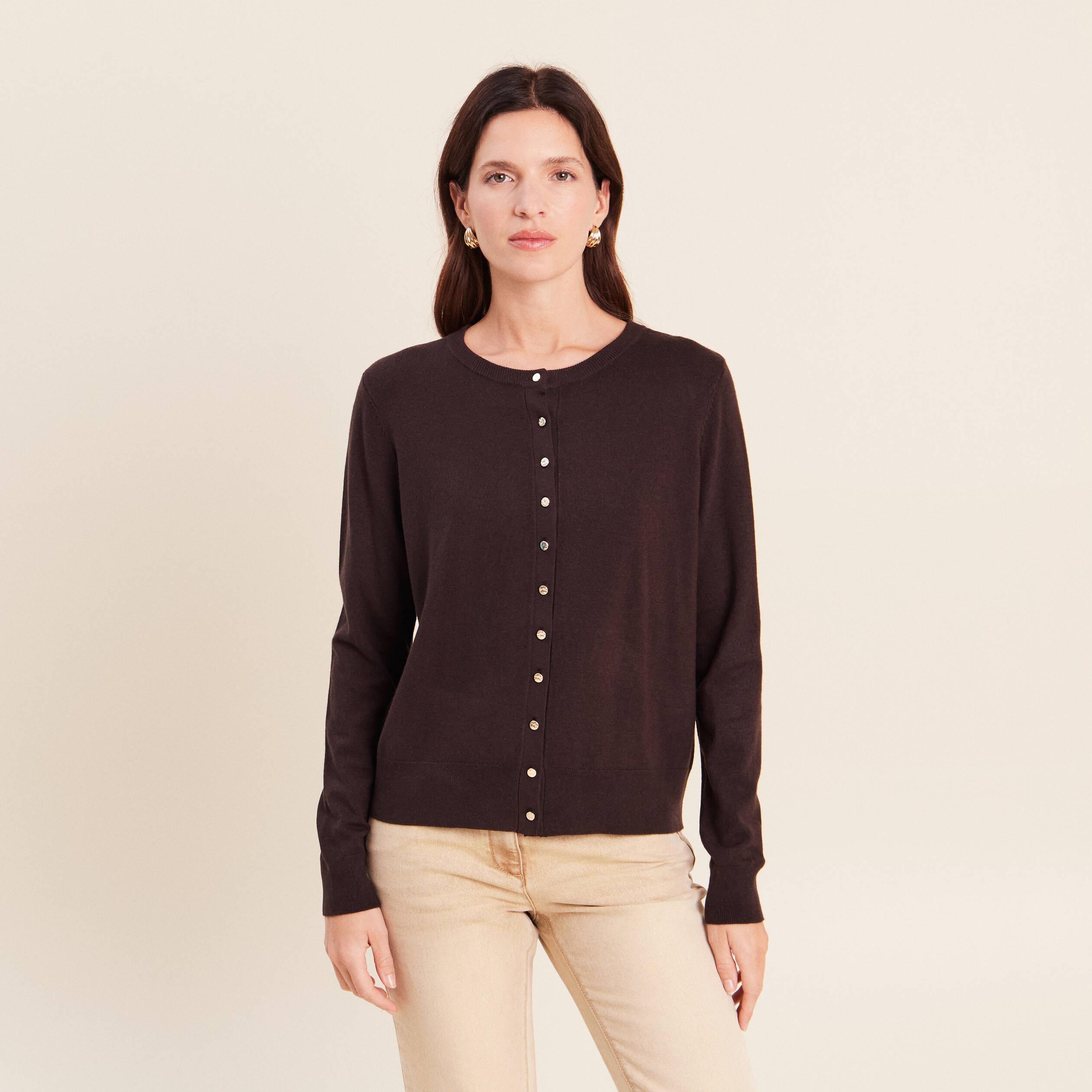 Gilet manches longues col rond marron fonc&eacute; femme