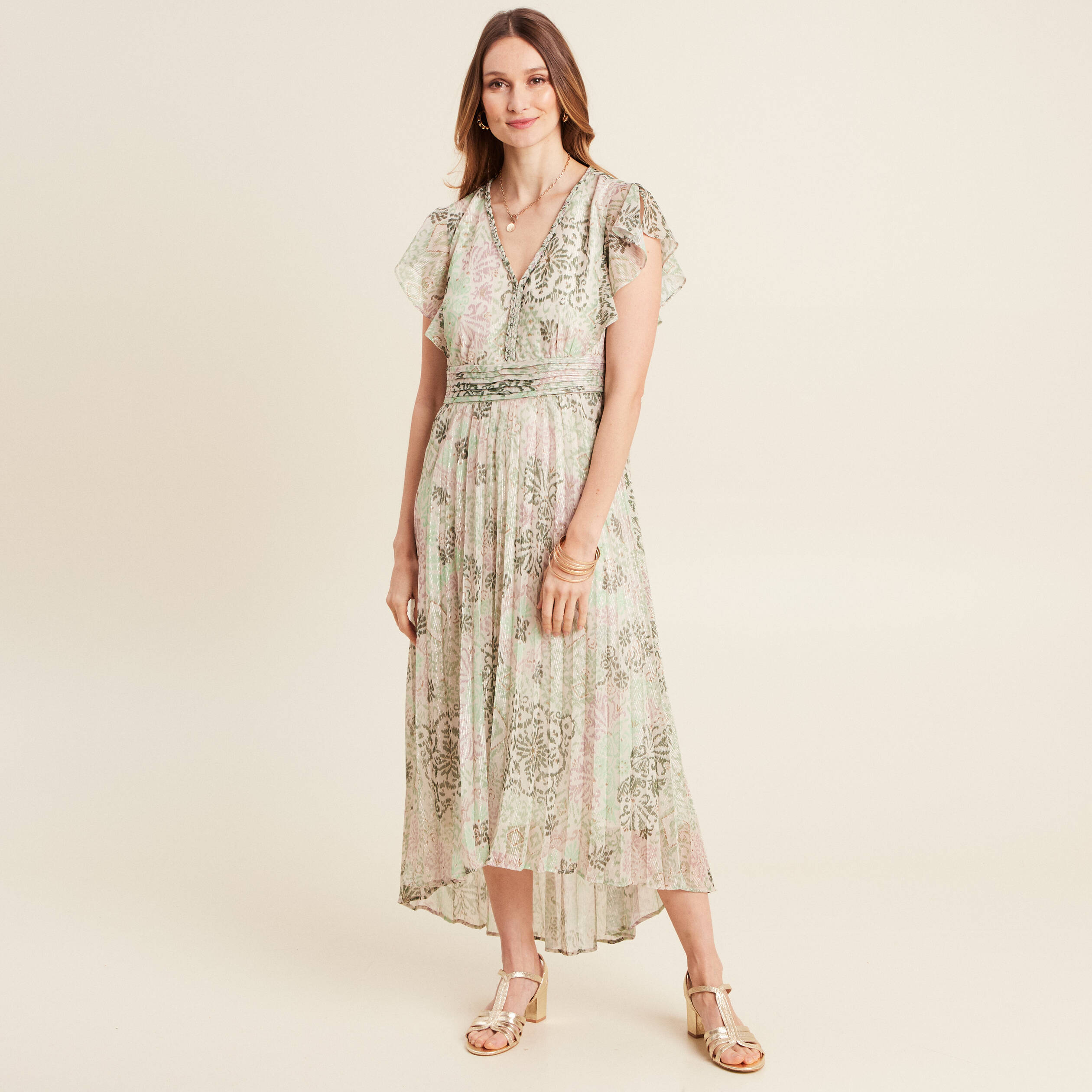 robe longue evasee plissee vert clair femme Robe longue évasée plissée vert clair femme