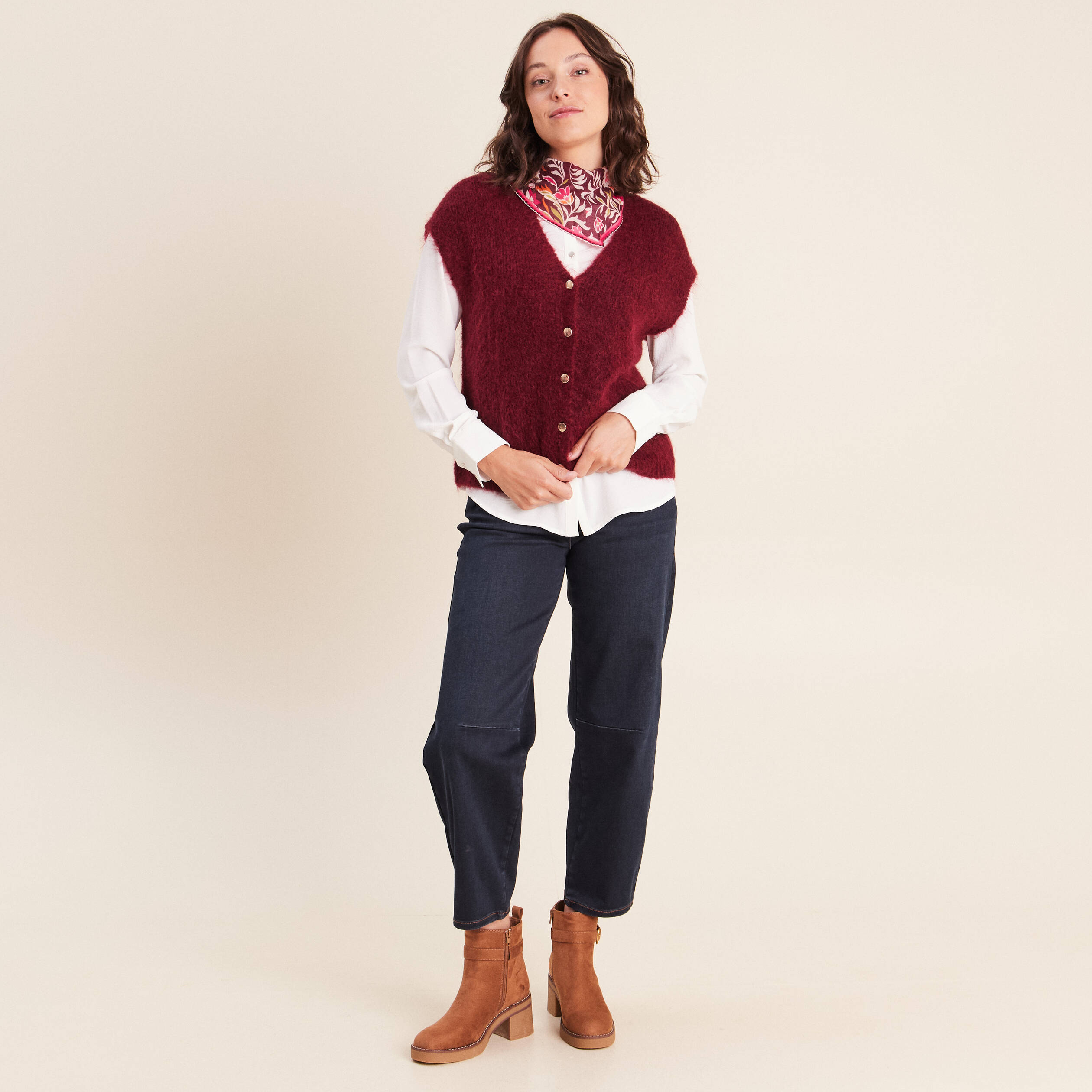 Gilet droit mi-long col v bordeaux femme