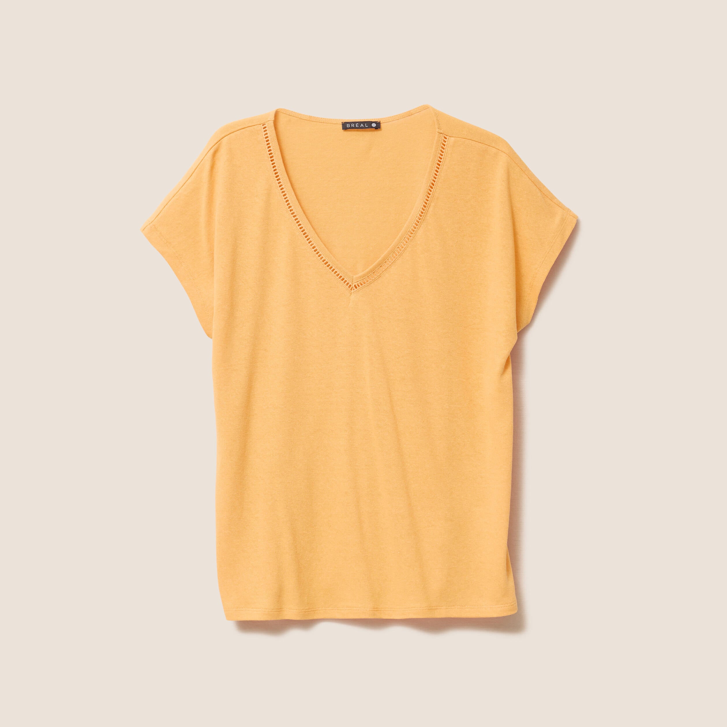 T-shirt col v manches courtes aspect lin orange clair femme