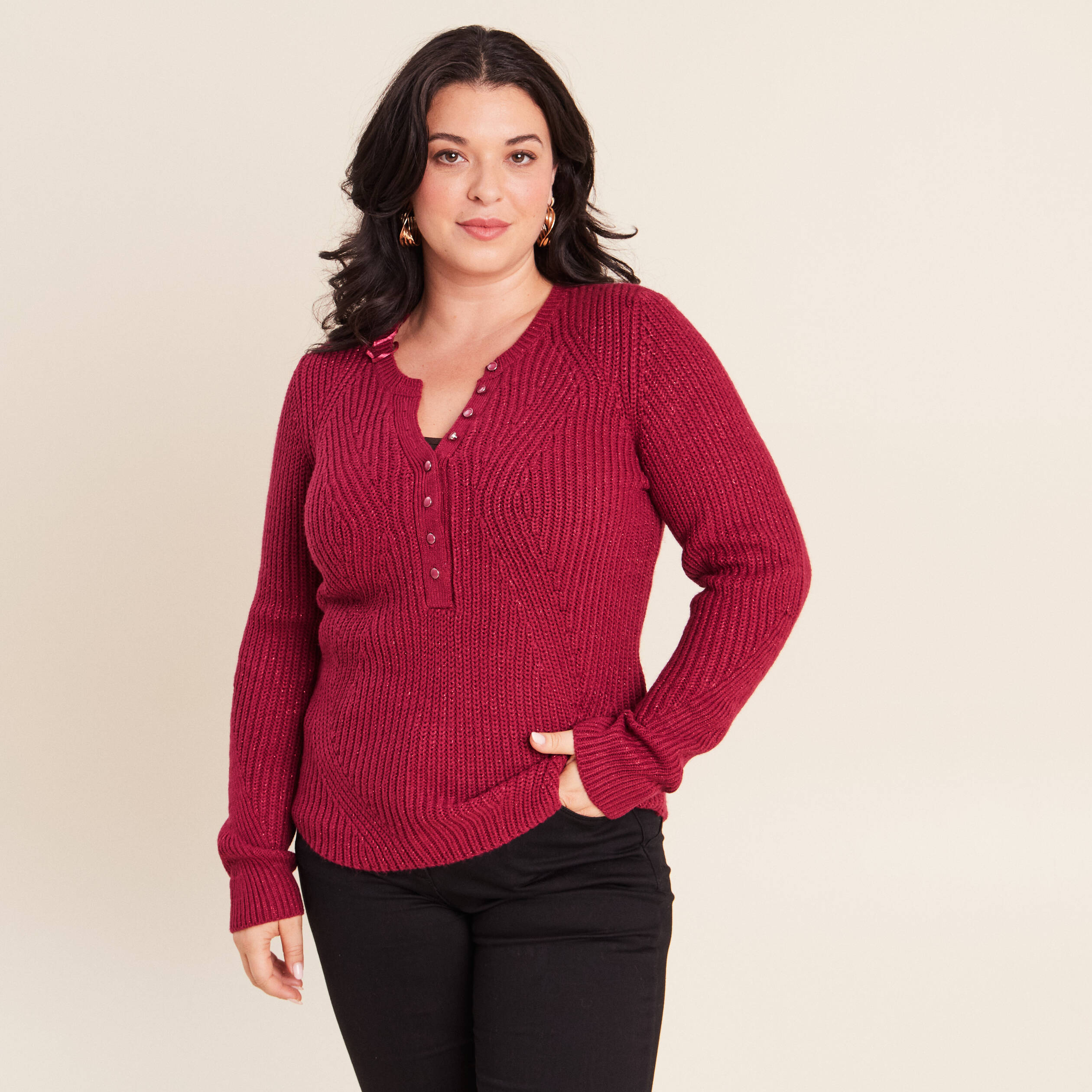 Pull manches longues rouge fonc&eacute; femme