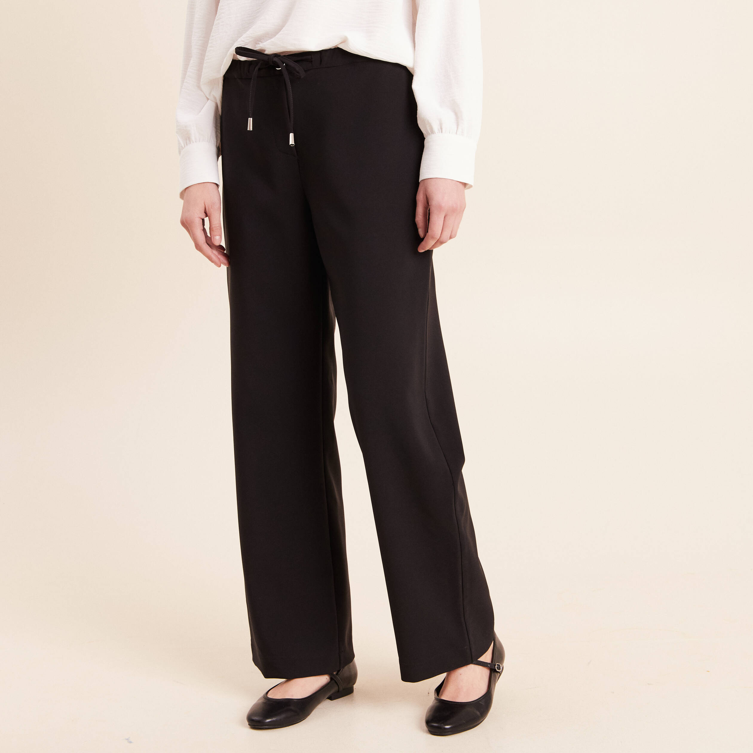 Pantalon fluide large taille haute noir femme