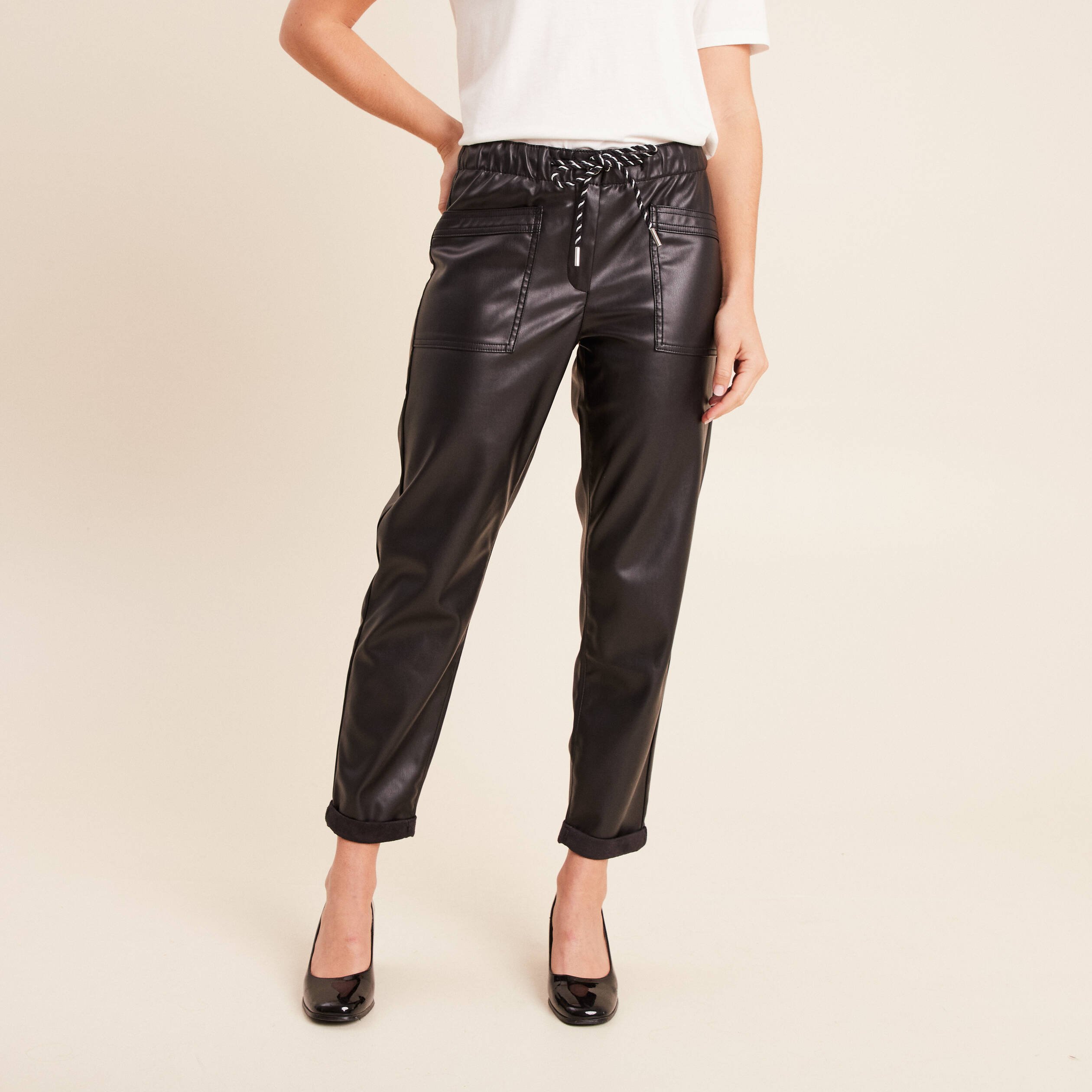 Pantalon paperbag simili cuir noir femme