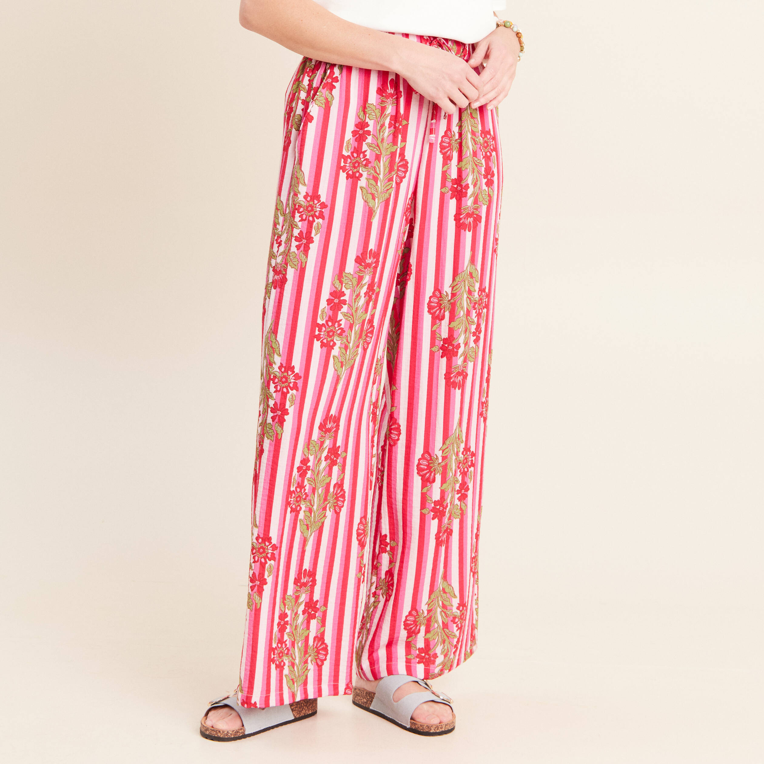 Pantalon large taille haute rose femme