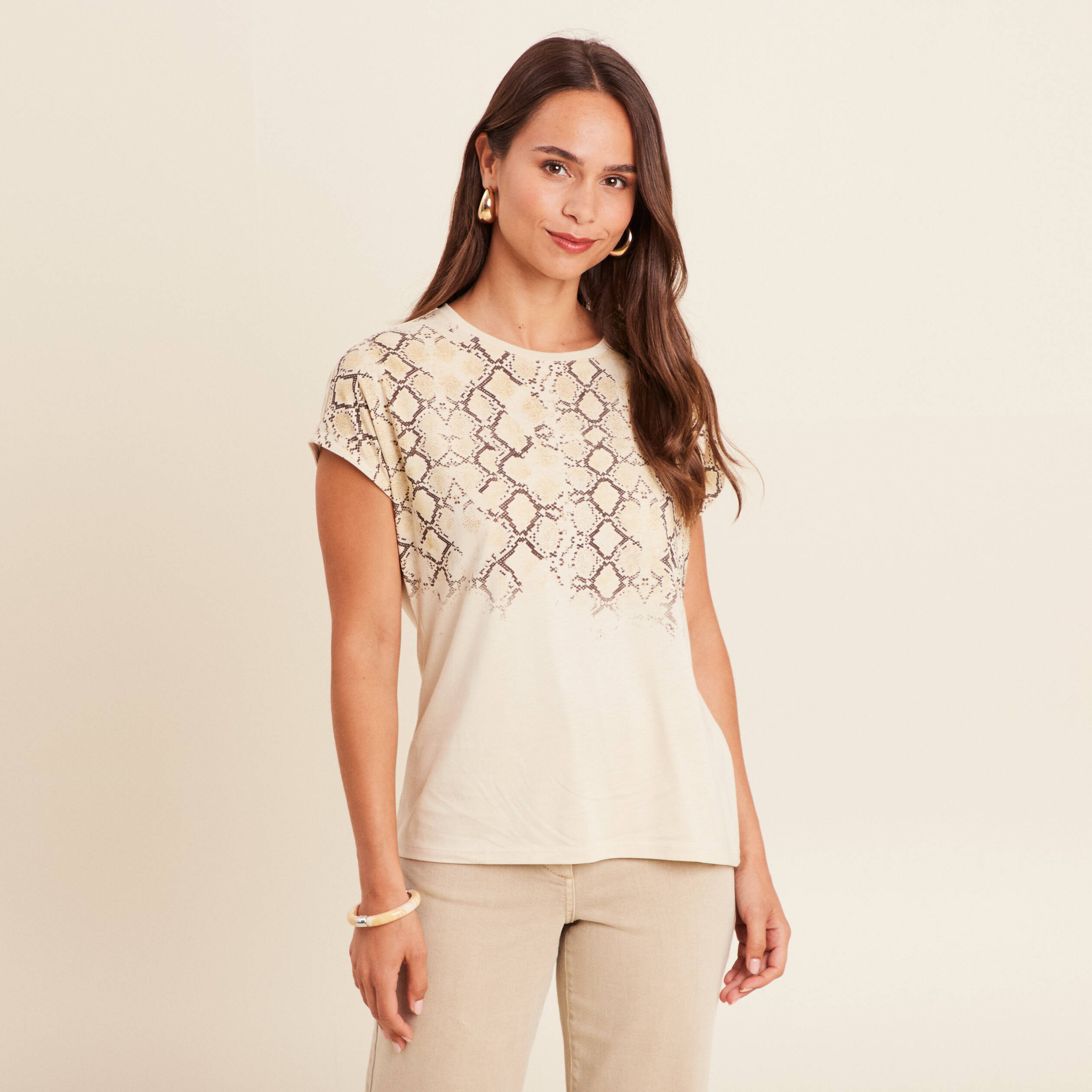 t shirt col rond manches courtes beige femme T-shirt col rond manches courtes beige femme