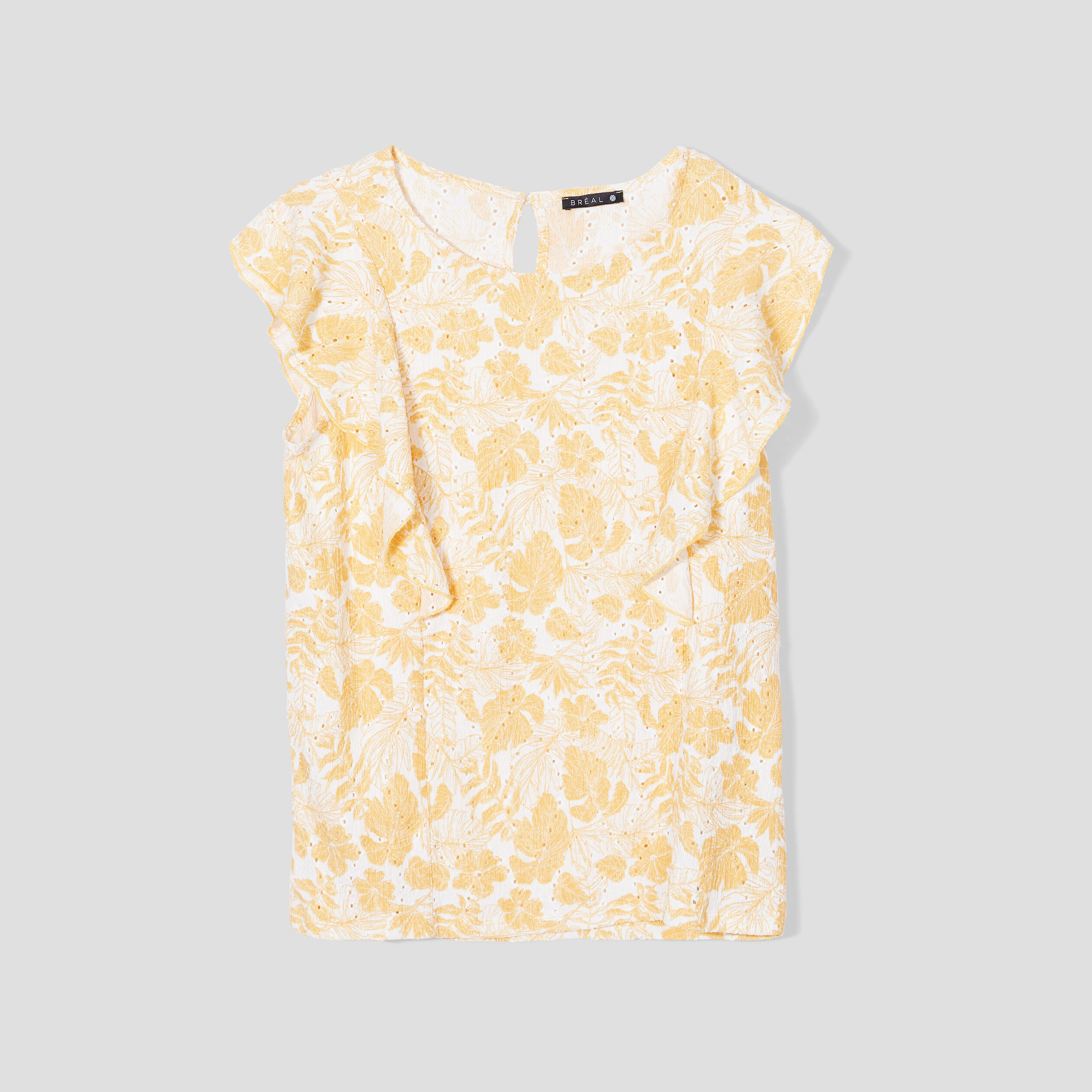 T-shirt manches courtes ajour&eacute; jaune moutarde femme
