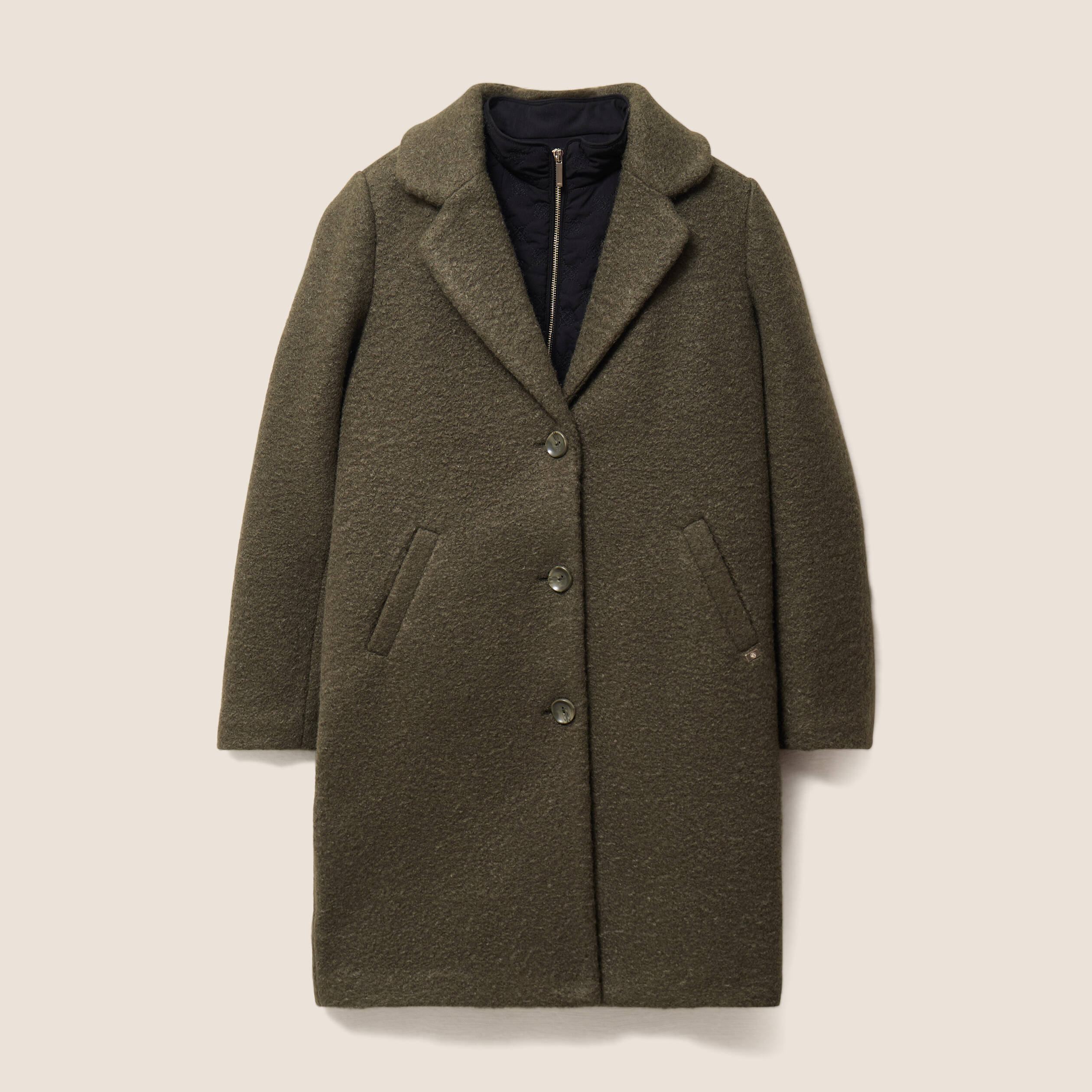 Manteau 3 en 1 col montant doubl&eacute; vert kaki femme