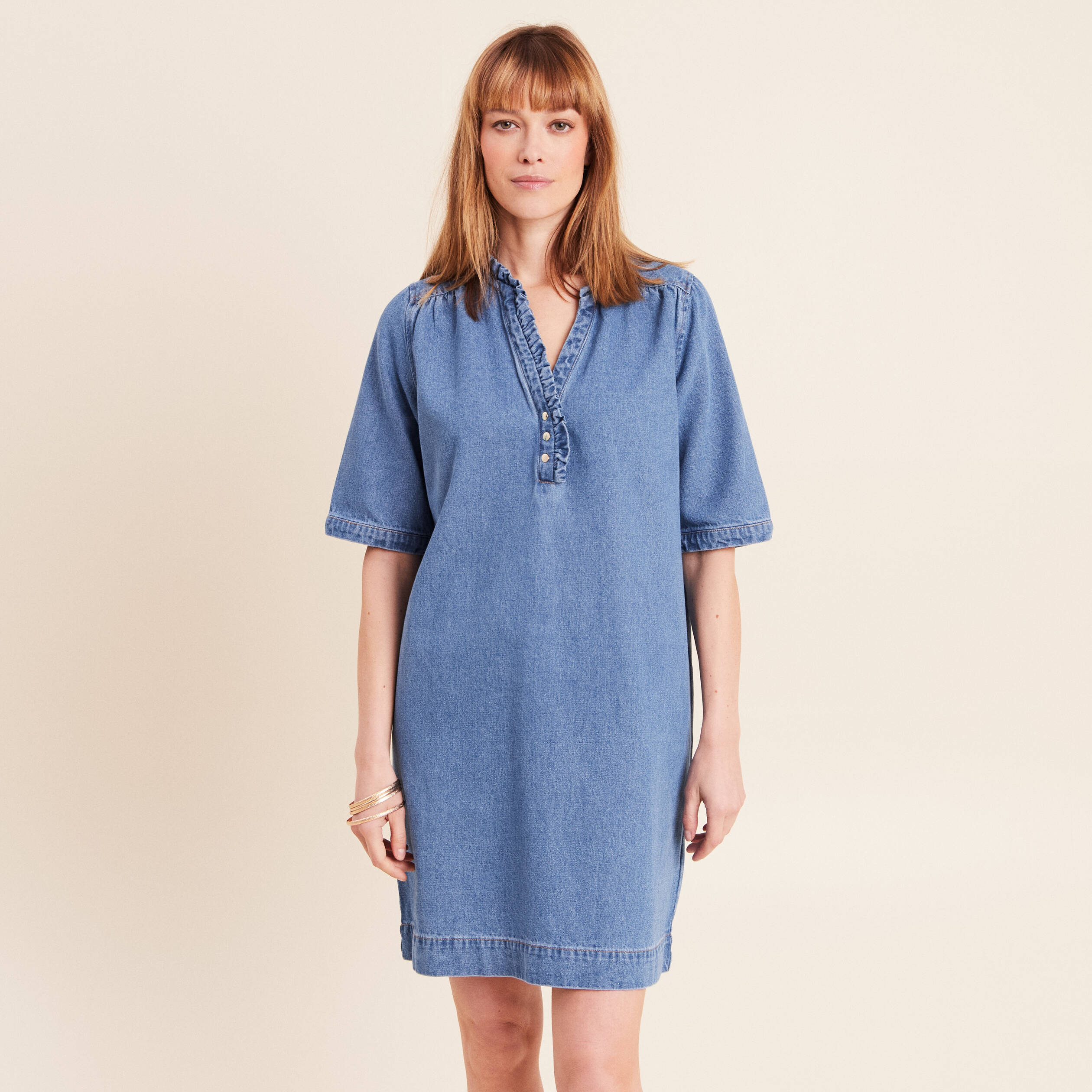 Robe courte &eacute;vas&eacute;e jean col montant denim double stone femme
