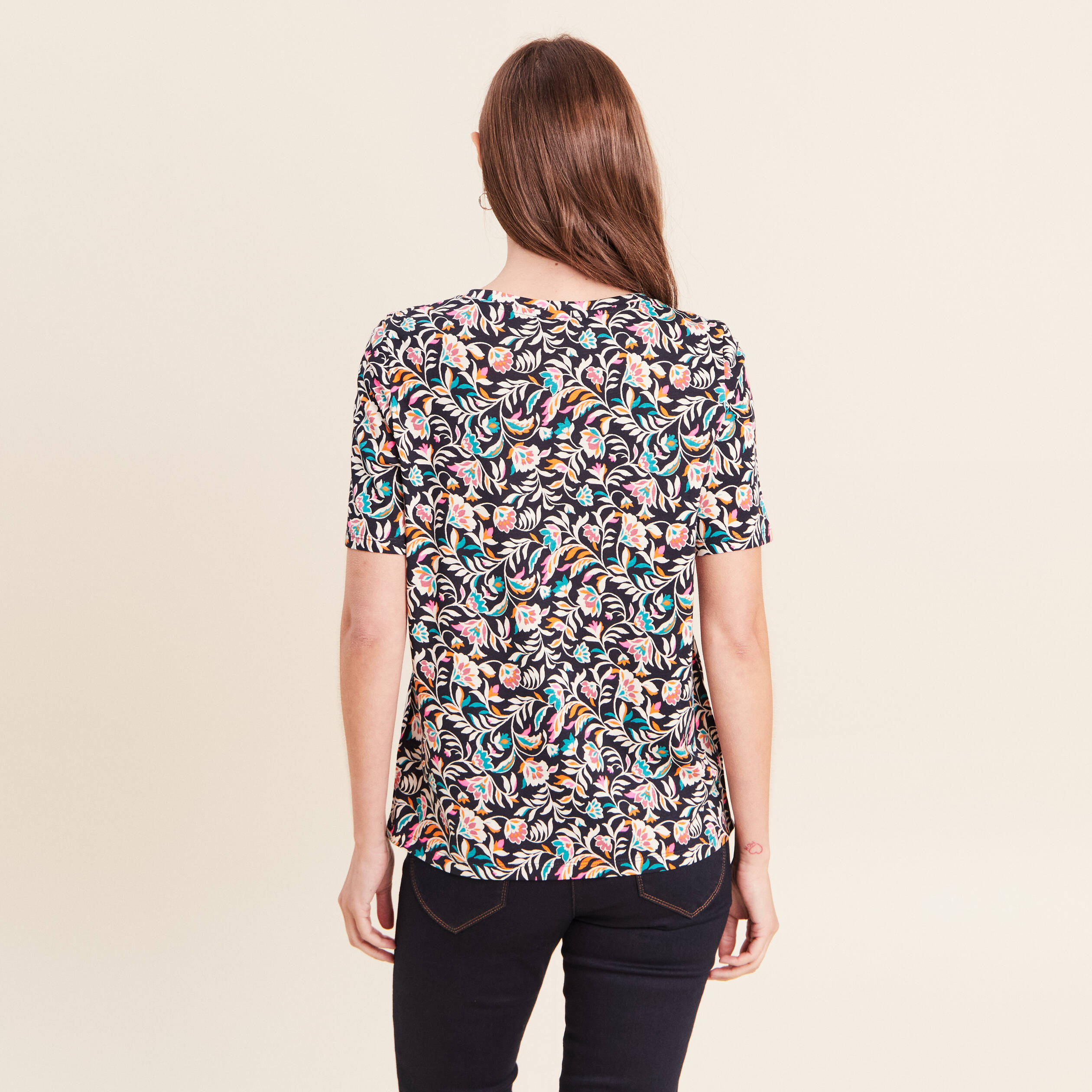 T-shirt col V manches courtes bleu femme