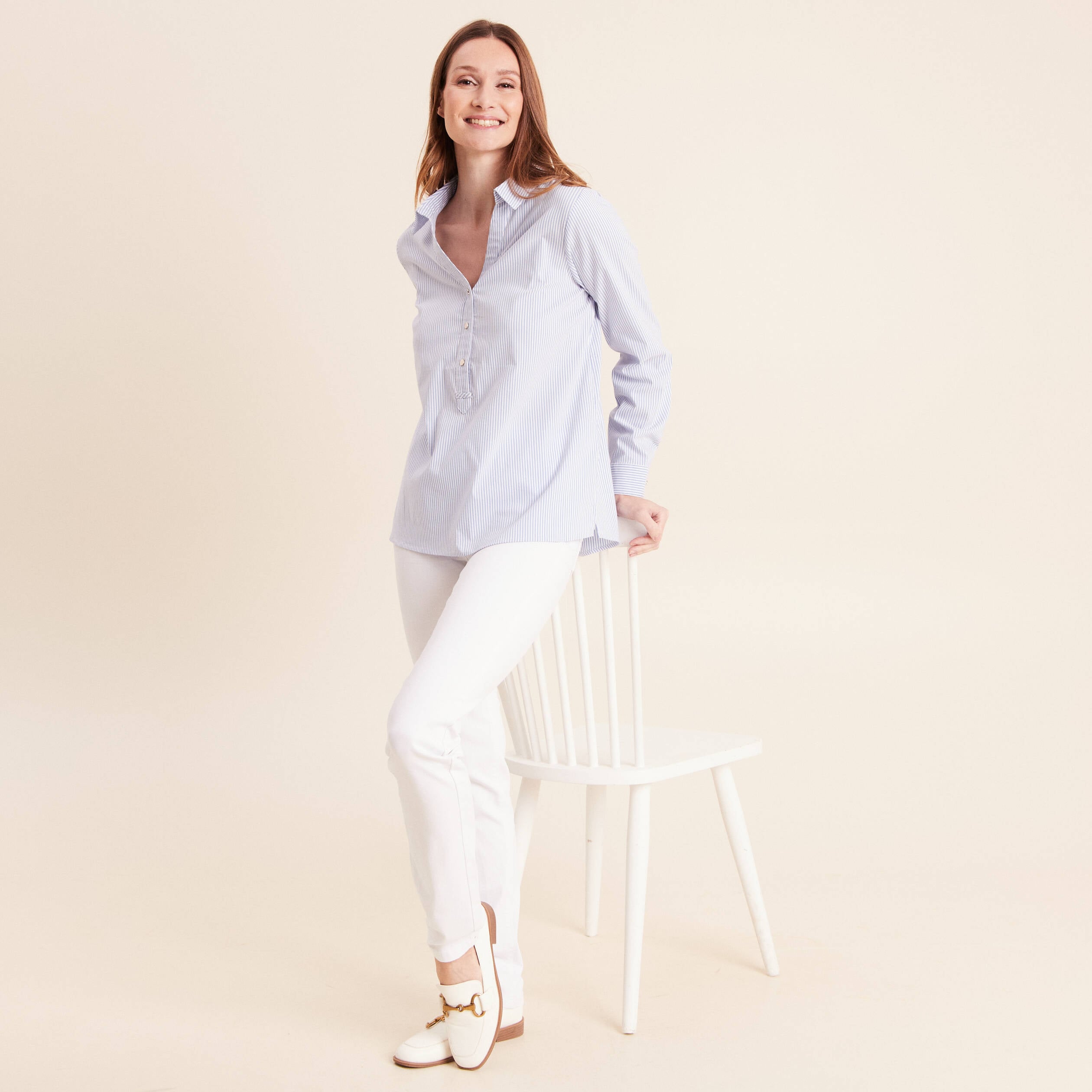 Blouse ample col chemise manches longues bleu femme