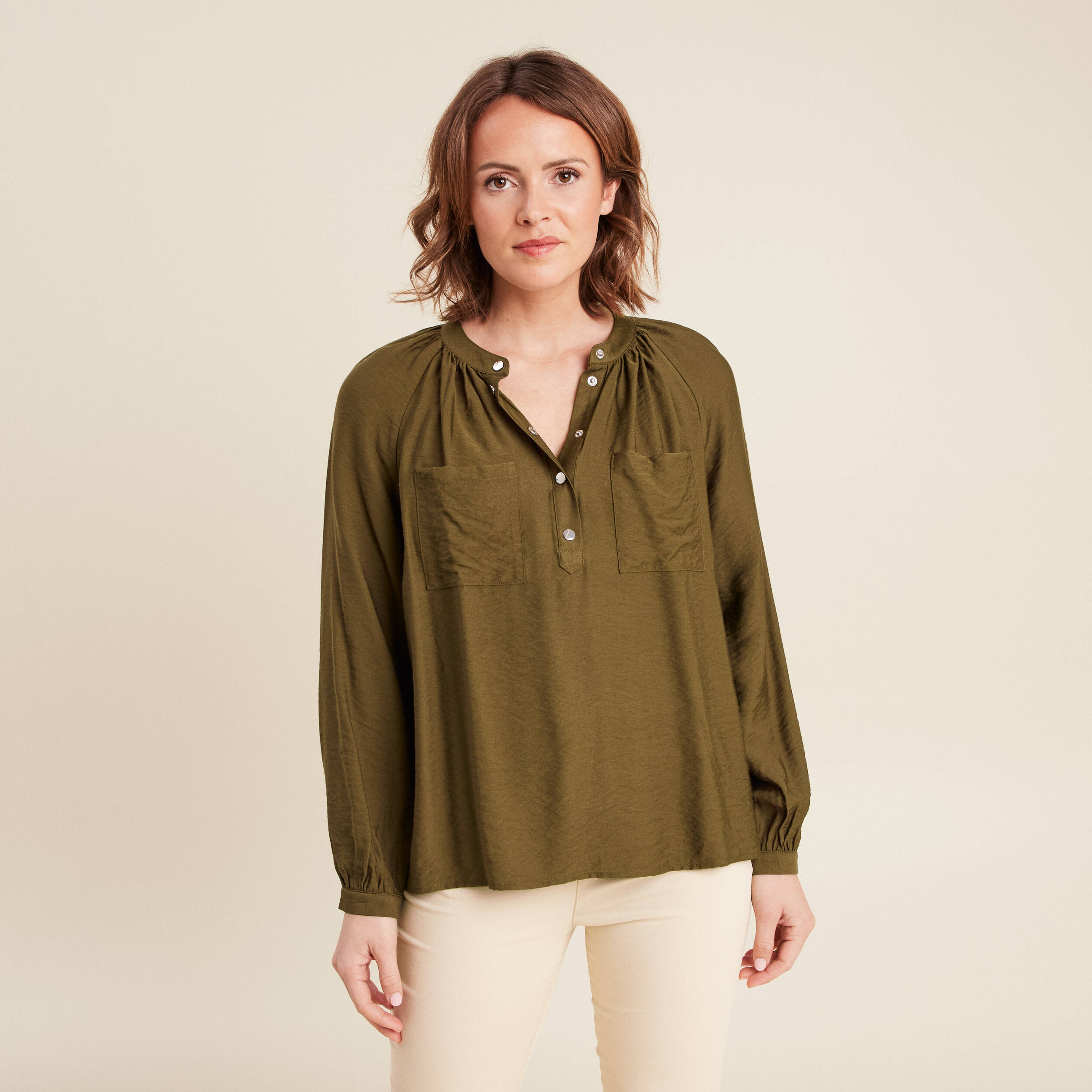 Blouse manches longues vert olive femme